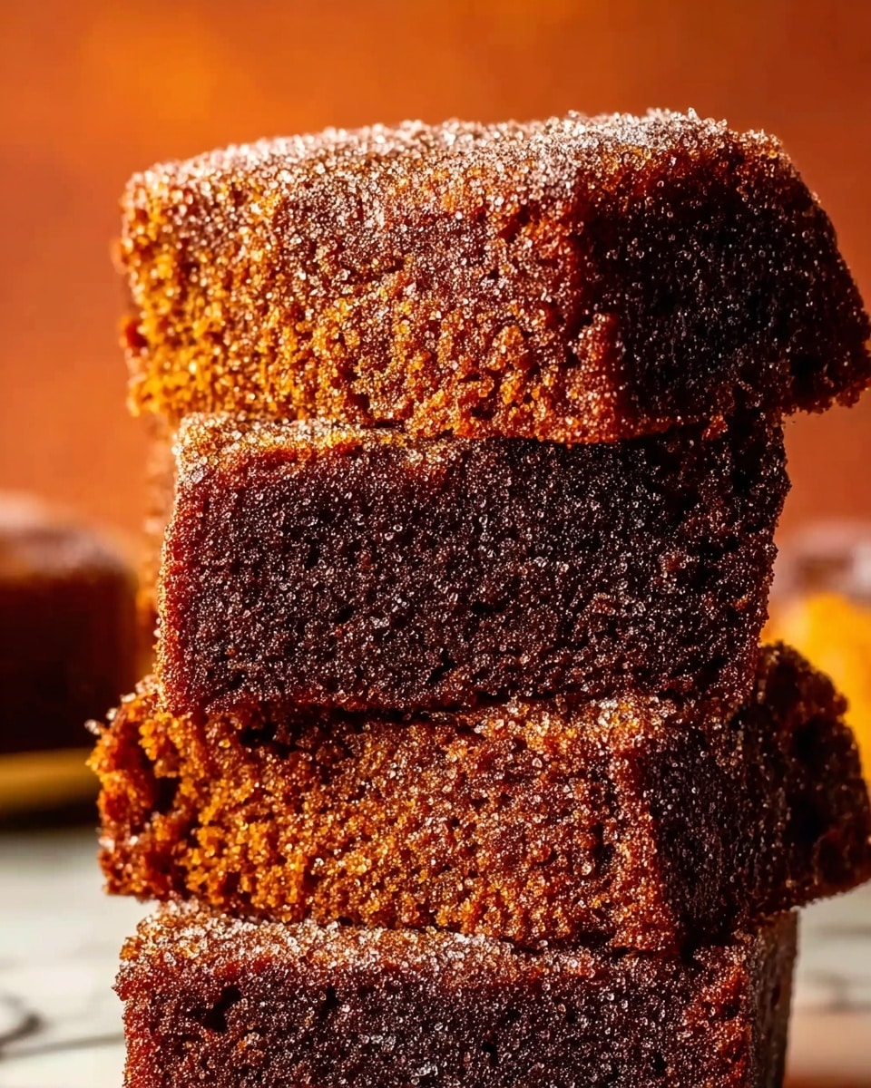 The image shows a stack of four thick slices of cinnamon sugar-coated cake. Each slice has a golden brown crust with a grainy sugar texture on the outside and a moist, soft interior with light brown color and visible cracks. The slices are stacked neatly on top of each other on a gold plate, set against a softly blurred background with warm tones and a pumpkin visible on the side. The surface beneath is a white marbled texture. Photo taken with an iphone --ar 4:5 --v 7