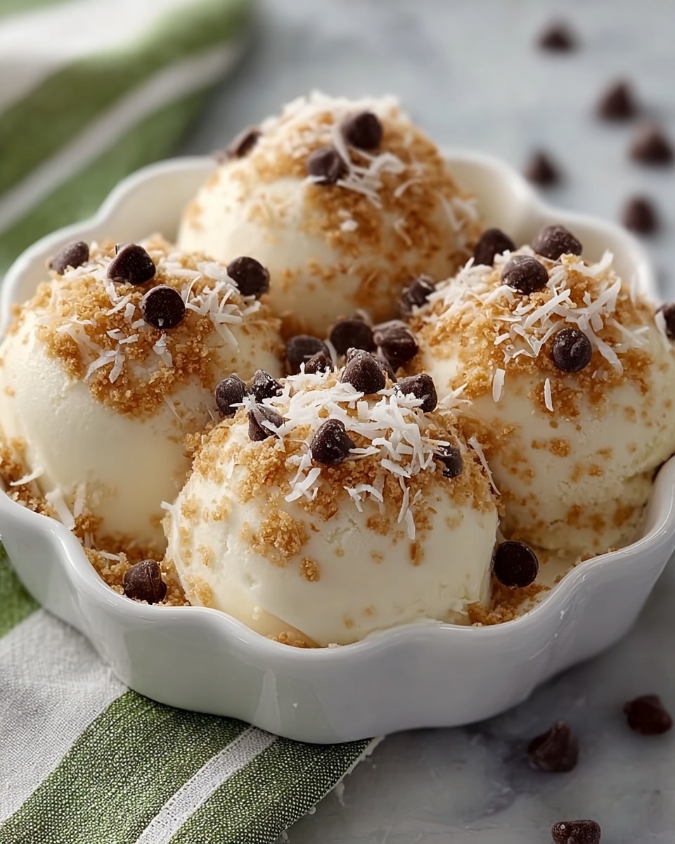 Four round scoops of creamy white dessert sit close together inside a white ceramic dish with soft scalloped edges. Each scoop is topped with a layer of light brown crumbly texture, sprinkled with thin white coconut shreds. Dark brown chocolate chips dot the crumb layer, some standing upright and others lying flat. The dish rests on a white marbled surface partially covered by a green-striped cloth. photo taken with an iphone --ar 4:5 --v 7