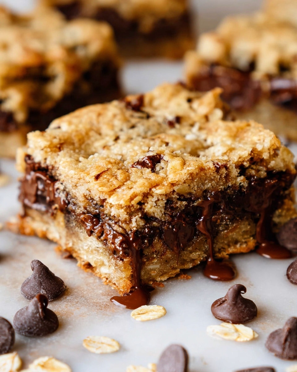 A close-up shows a thick, square bar with three layers: a golden-brown crumbly top layer with a slightly rough texture, a rich middle layer packed with melted dark brown chocolate chips and bits of oats giving a gooey, chunky look, and a firm bottom layer that supports the bar. The bar is surrounded by scattered chocolate chips and oats on a white marbled surface. The warm melted chocolate drips down slightly from the middle layer, adding to the gooey appearance. photo taken with an iphone --ar 4:5 --v 7