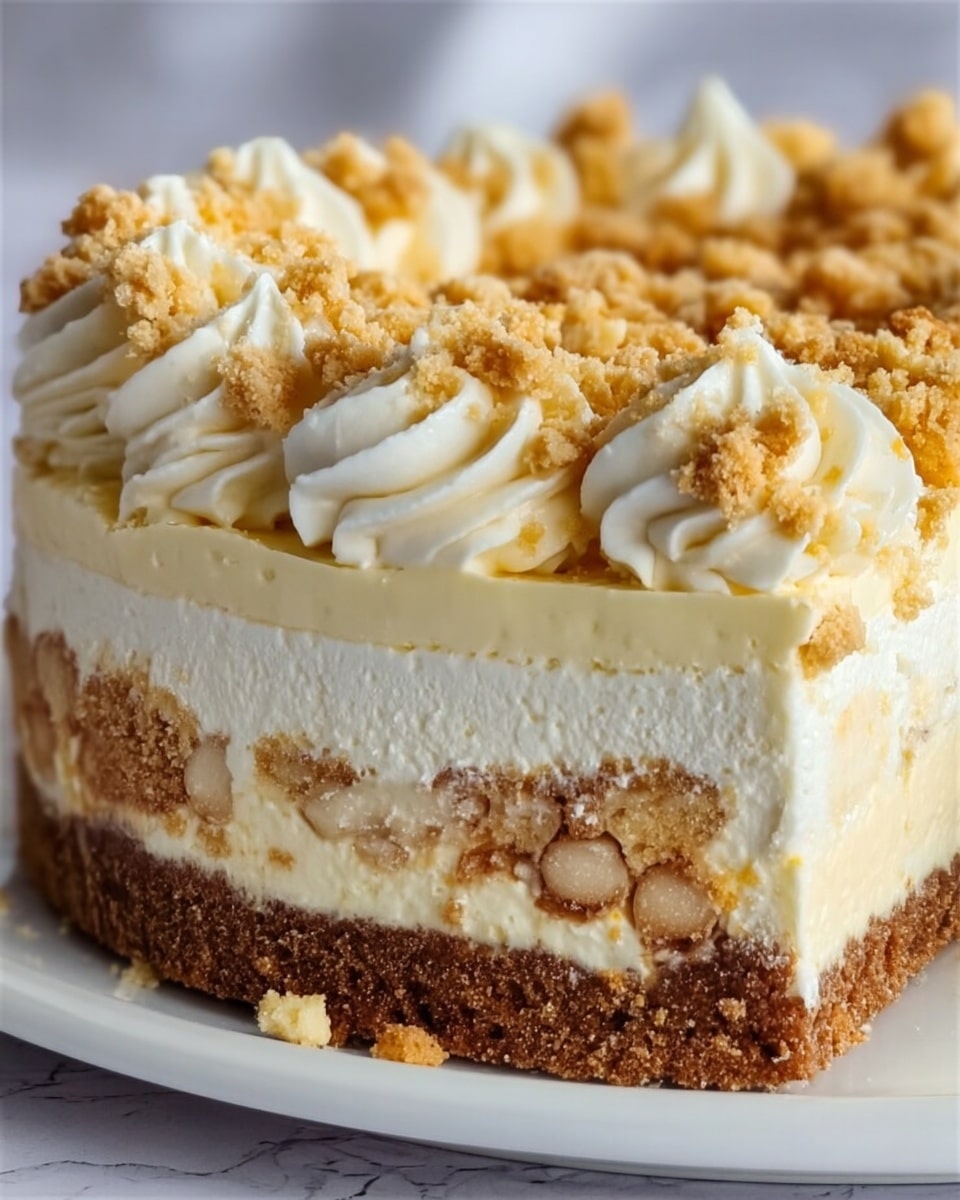 A close-up view of a creamy layered cheesecake on a white plate against a white marbled texture background. The bottom layer is a thick, crumbly, light brown crust. Above that is a thick and smooth white creamy layer. The middle part has chunks of a lighter crumbly layer, mixed with a creamy light yellow filling. The top is covered with soft, pale yellow swirls of cream and sprinkled with golden brown crunchy crumbs scattered unevenly across the surface. The texture looks soft and creamy with bits of crunchy topping. Photo taken with an iphone --ar 4:5 --v 7