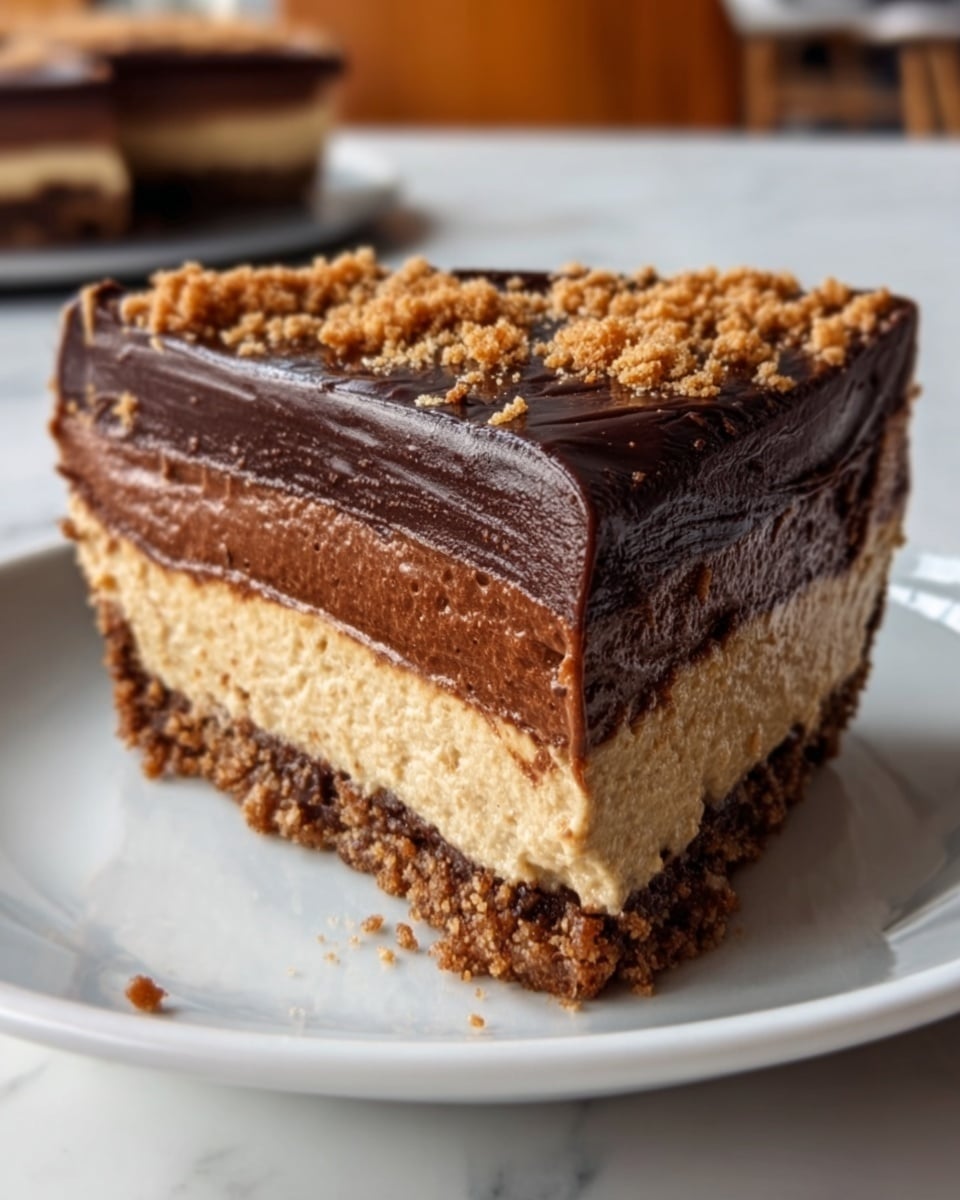 A slice of layered dessert on a white plate with a white marbled texture background, showing three distinct layers: the bottom layer is a crumbly golden-brown crust, the middle layer is a smooth, light tan filling, and the top layer is a thick, shiny dark chocolate ganache with a slightly glossy surface, the crust edges are raised and visible around the slice. photo taken with an iphone --ar 4:5 --v 7