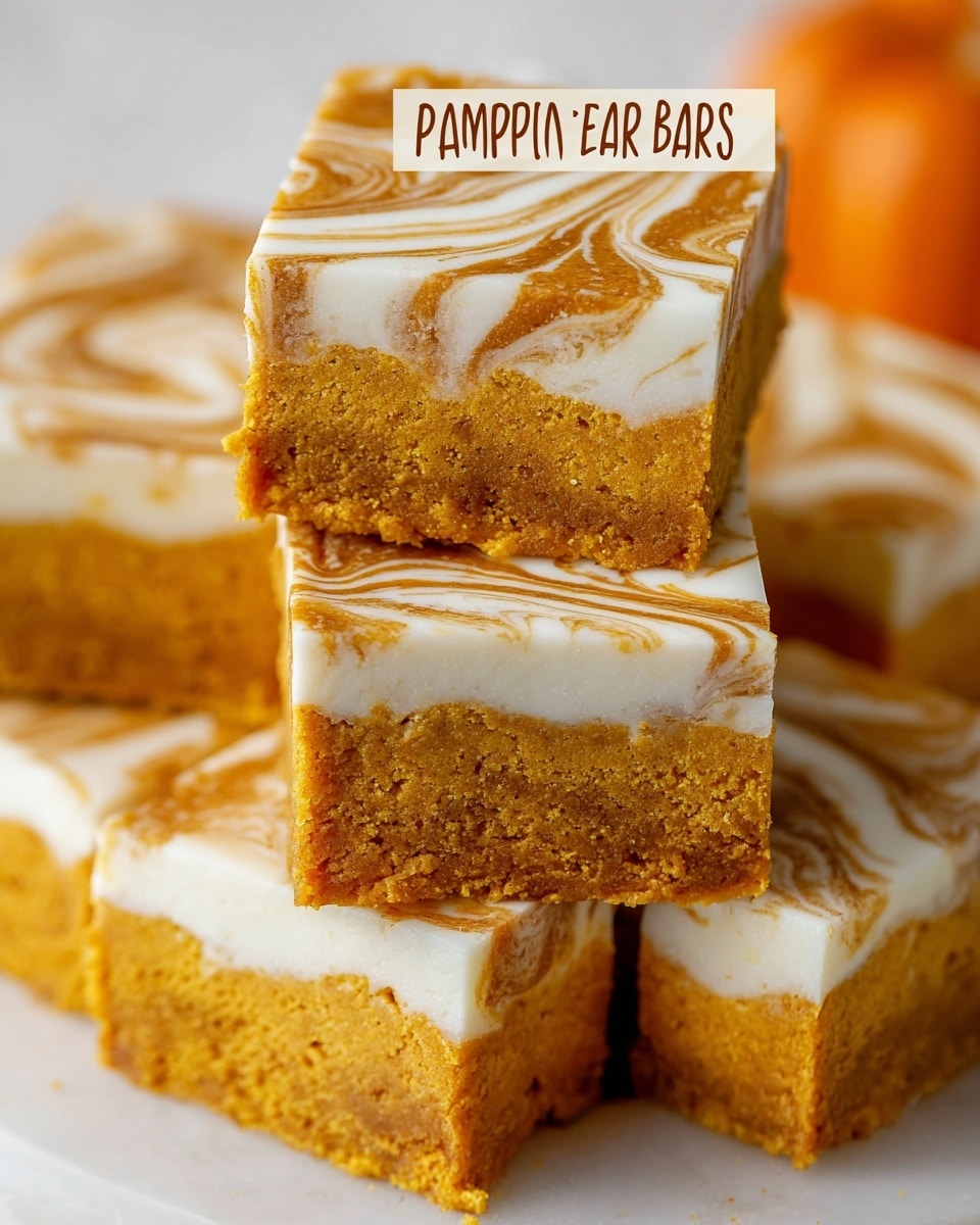 The image shows stacked pumpkin roll bars, each with two layers: a thick, moist, textured pumpkin layer in a warm orange color on the bottom, and a creamy, smooth white layer with swirls of light brown spread on top. The top layer features an artistic marbled pattern where the white cream mixes with the brown swirls, creating a soft, flowing design. The bars are cut into neat squares and stacked closely together, highlighting their soft and crumbly texture. The background is a white marbled texture with a blurred, light orange object adding warmth to the scene. photo taken with an iphone --ar 4:5 --v 7