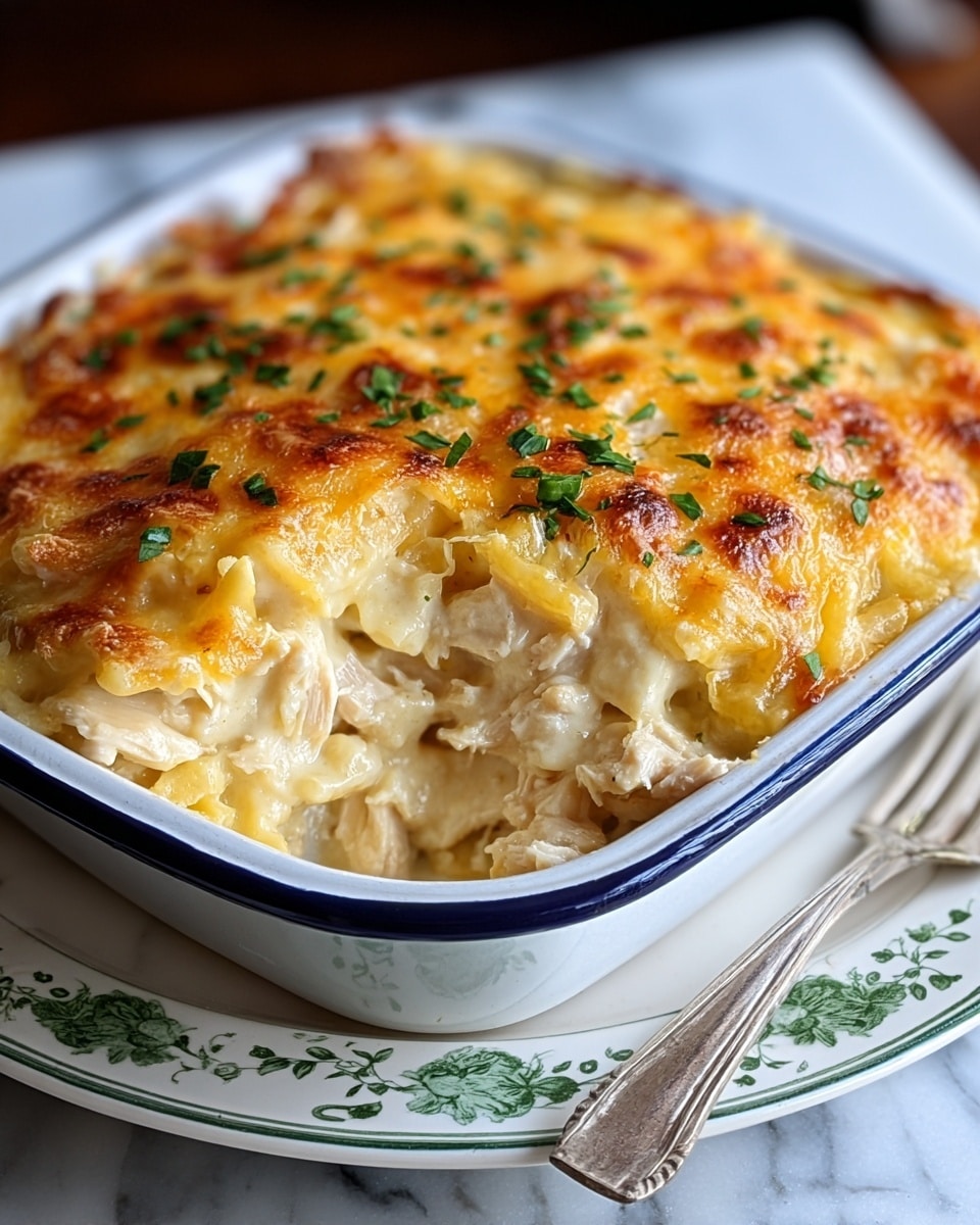 A close-up view of a four-layer baked dish in a white casserole dish with a dark blue exterior. The top layer is golden brown melted cheese with a slightly crispy texture and sprinkled green herbs. Below it, there is a creamy white sauce covering chunks of tender white chicken meat, visible through a scoop taken out from the corner. The casserole dish rests on a decorative white plate with a green floral pattern, placed on a white marbled surface, next to a fork. Photo taken with an iphone --ar 4:5 --v 7