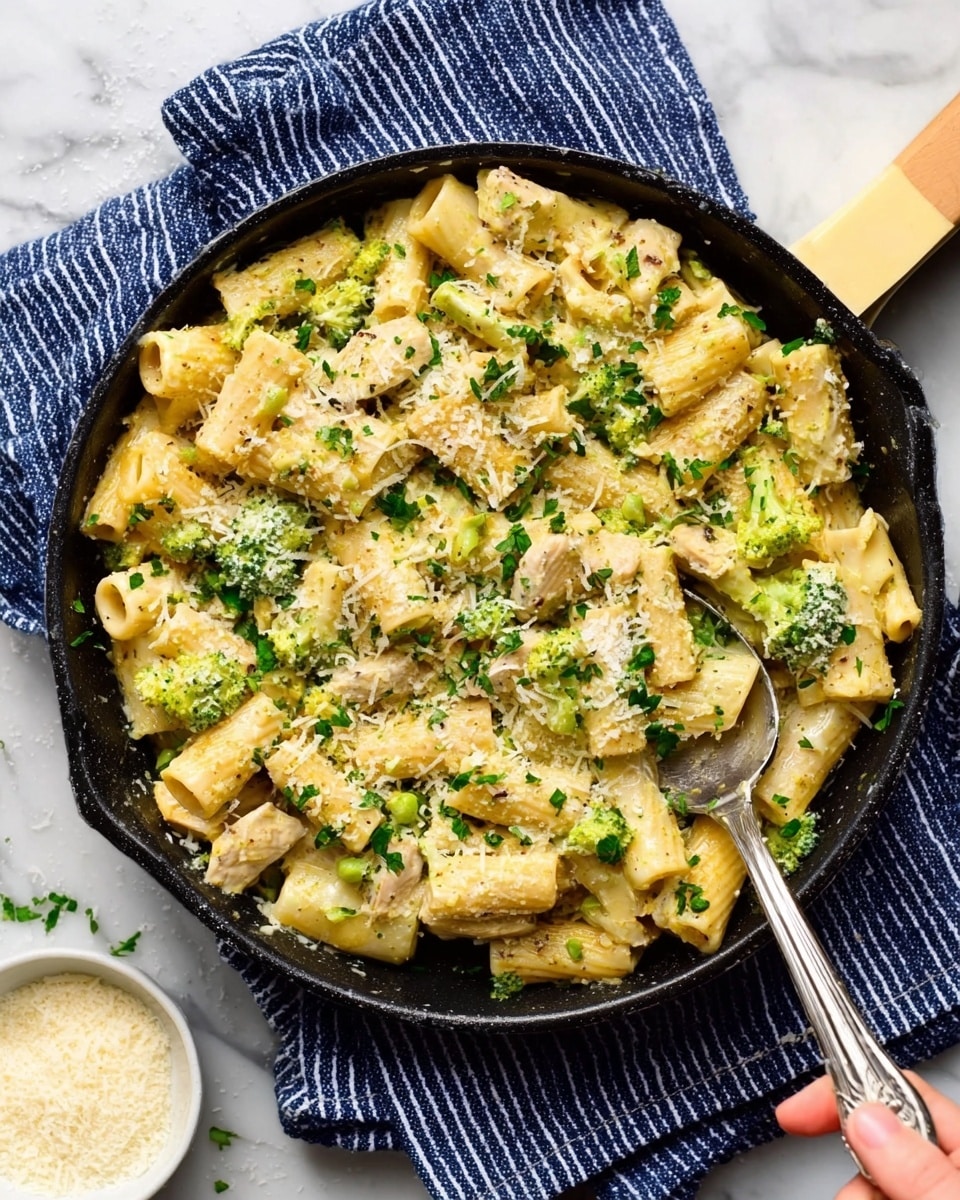 The image shows a close-up of a black skillet filled with rigatoni pasta coated in a creamy light yellow sauce with small green broccoli pieces mixed in. The pasta is sprinkled evenly with grated cheese and chopped green herbs on top. A woman's hand is holding a silver spoon that is partly inside the skillet. The skillet is placed on a blue and white striped cloth on a white marbled surface with a small white bowl of grated cheese nearby. The overall look is warm, creamy, and fresh. photo taken with an iphone --ar 4:5 --v 7
