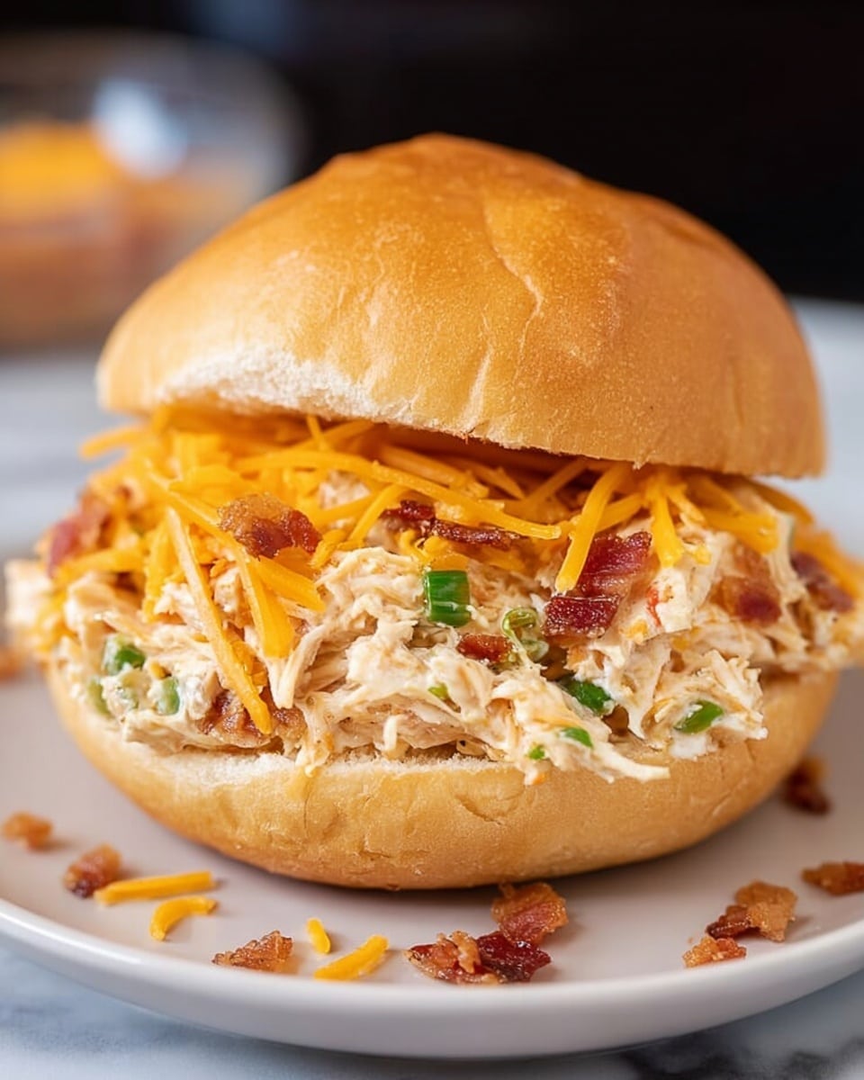 A sandwich with three main layers is shown, placed on a white plate on a white marbled surface. The bottom layer is a soft, brown bun with a slight shine. On top of this is a thick layer of shredded white chicken mixed with small green pieces and tiny bits of reddish bacon. The top layer is bright orange shredded cheddar cheese spread evenly over the chicken. The sandwich is finished with a soft brown bun top, golden-brown in color with a smooth texture. Small bits of chicken, bacon, and green pieces are scattered around the plate. photo taken with an iphone --ar 4:5 --v 7