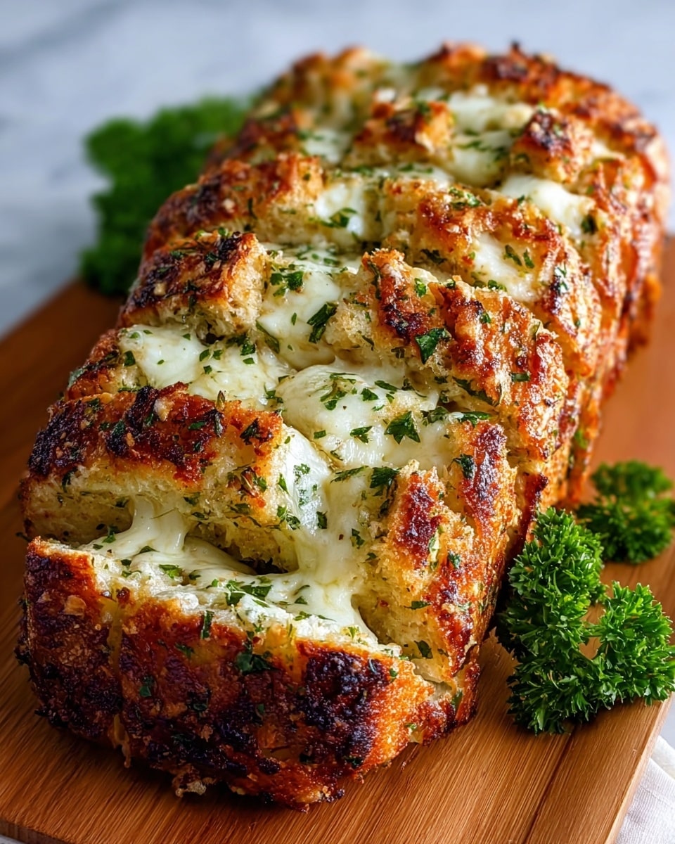 The image shows six thick slices of garlic bread arranged closely on a wooden board atop a white marbled surface. Each slice has a golden brown, crispy crust on top with melted white cheese oozing out in the gaps, mixed with chopped green herbs sprinkled all over. The bread itself has a light beige color with a soft, porous texture inside. There is a small bunch of fresh green parsley on the side of the board, adding a fresh touch to the warm, toasted garlic bread. photo taken with an iphone --ar 4:5 --v 7