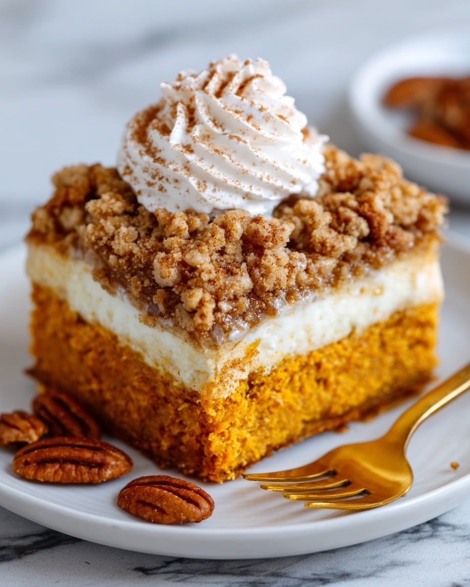 A close-up view of a single square piece of pumpkin crumb cake on a white plate with a gold fork beside it. The cake has three layers: a dense orange pumpkin base at the bottom, a light creamy layer in the middle, and a thick crumbly brown topping with pecans. On top, there is a swirl of white whipped cream sprinkled with a little cinnamon. The background is a white marbled texture with a blurred white baking dish and scattered pecans in the back. Photo taken with an iphone --ar 4:5 --v 7