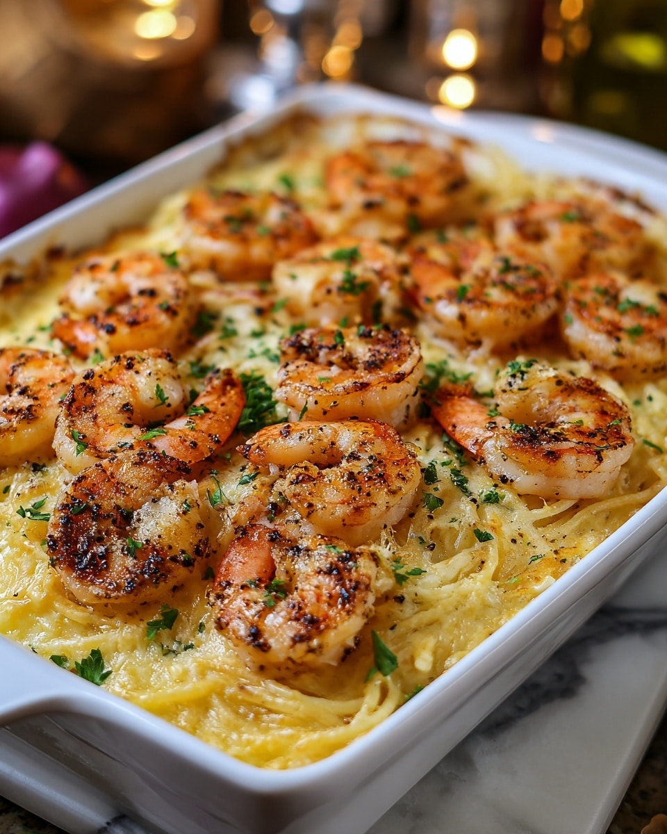 A white rectangular dish filled with two layers: the bottom layer is creamy yellow spaghetti pasta, and the top layer is grilled shrimp with golden-brown grill marks, arranged evenly over the pasta. The shrimp are plump and orange-pink, speckled with black seasonings, and sprinkled with small green parsley leaves for garnish. The edges of the dish show baked, slightly browned cheese or sauce, adding texture and color contrast. The dish is set on a white marbled surface with blurred background items creating a warm and inviting feel. photo taken with an iphone --ar 4:5 --v 7