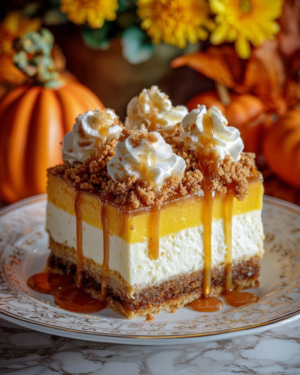The image shows a close-up of a square piece of moist brown cake with a soft texture. It has a thick white creamy layer on top, covered with a glossy caramel sauce that drips down the sides. On top of the cream, there are chopped nuts scattered, adding a rough and crunchy texture. The cake sits on a simple white plate, placed on a white marbled surface. Photo taken with an iphone --ar 4:5 --v 7