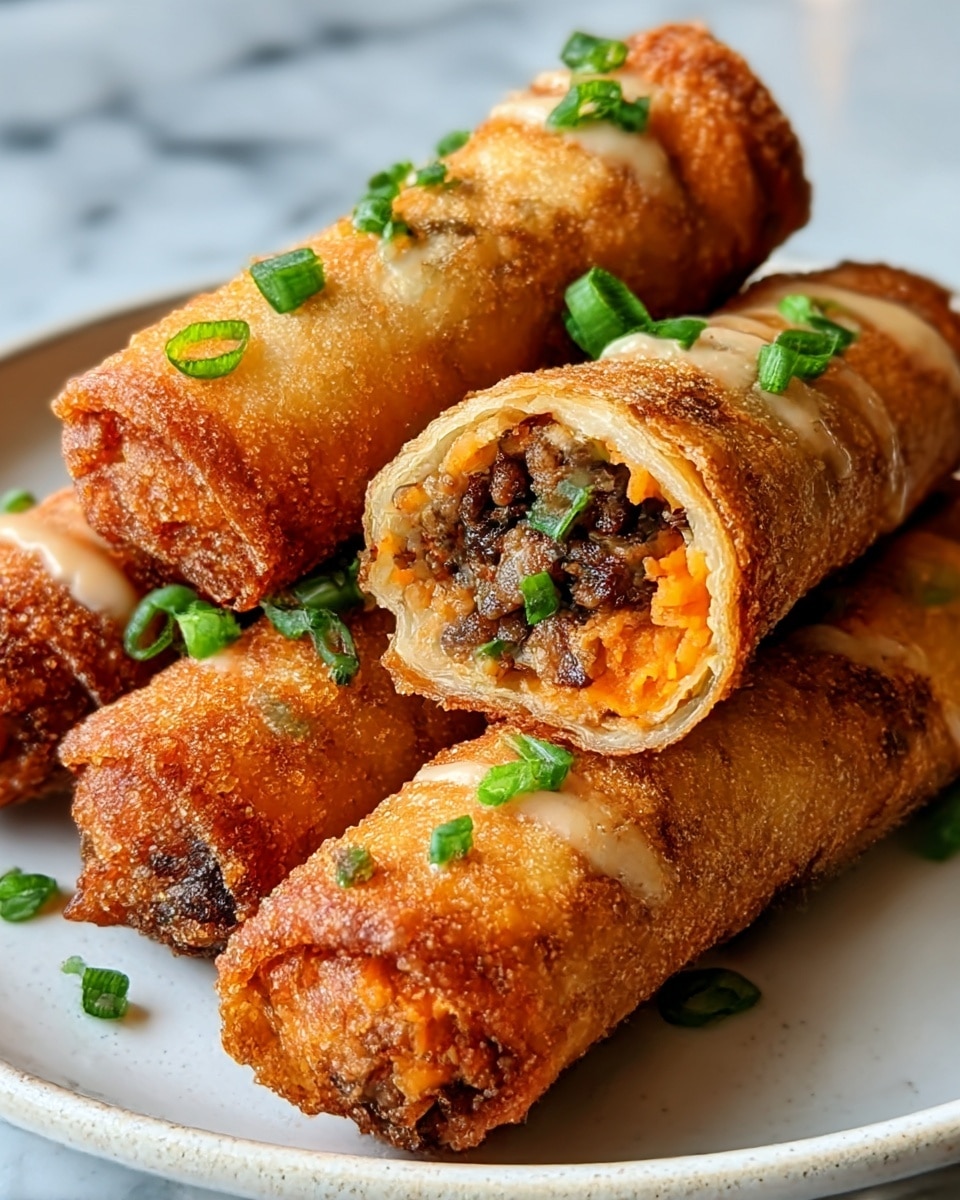 The image shows a white plate with four crispy fried spring rolls arranged closely together. Each roll has a golden-brown crunchy texture on the outside, with one roll cut open to reveal a filling of bright orange sweet potato and dark brown ground meat inside. The rolls are topped with small green chopped scallions, and a light drizzle of creamy sauce is visible on the surface of some rolls. The plate sits on a white marbled surface, and the overall look is warm, tasty, and inviting. photo taken with an iphone --ar 4:5 --v 7