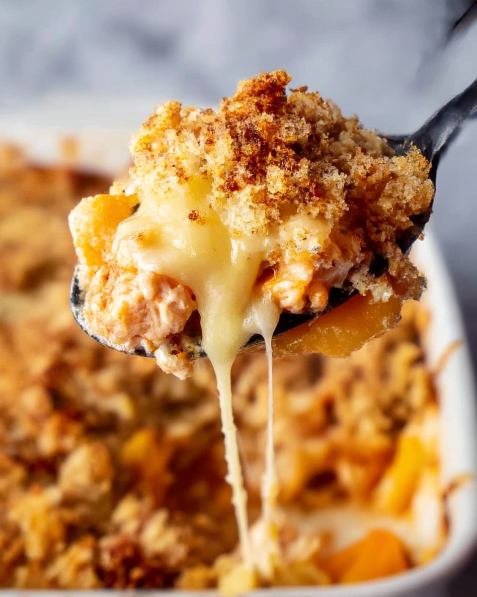 A close-up of a black spoon holding a layered cheesy casserole with a crispy golden brown crumb topping on top. The first layer visible beneath the crumb is rich melted cheese with a smooth, gooey texture and light yellow color, stretching slightly from the spoon. Below the cheese, pieces of browned chicken with slightly crispy edges add texture, accompanied by some orange-colored sauce or cooked vegetables peeking through. The crumb topping looks crunchy and crumbly with different shades of light golden brown. The background shows the casserole in a white dish on a white marbled textured surface, slightly blurred to keep focus on the spoon. Photo taken with an iphone --ar 4:5 --v 7