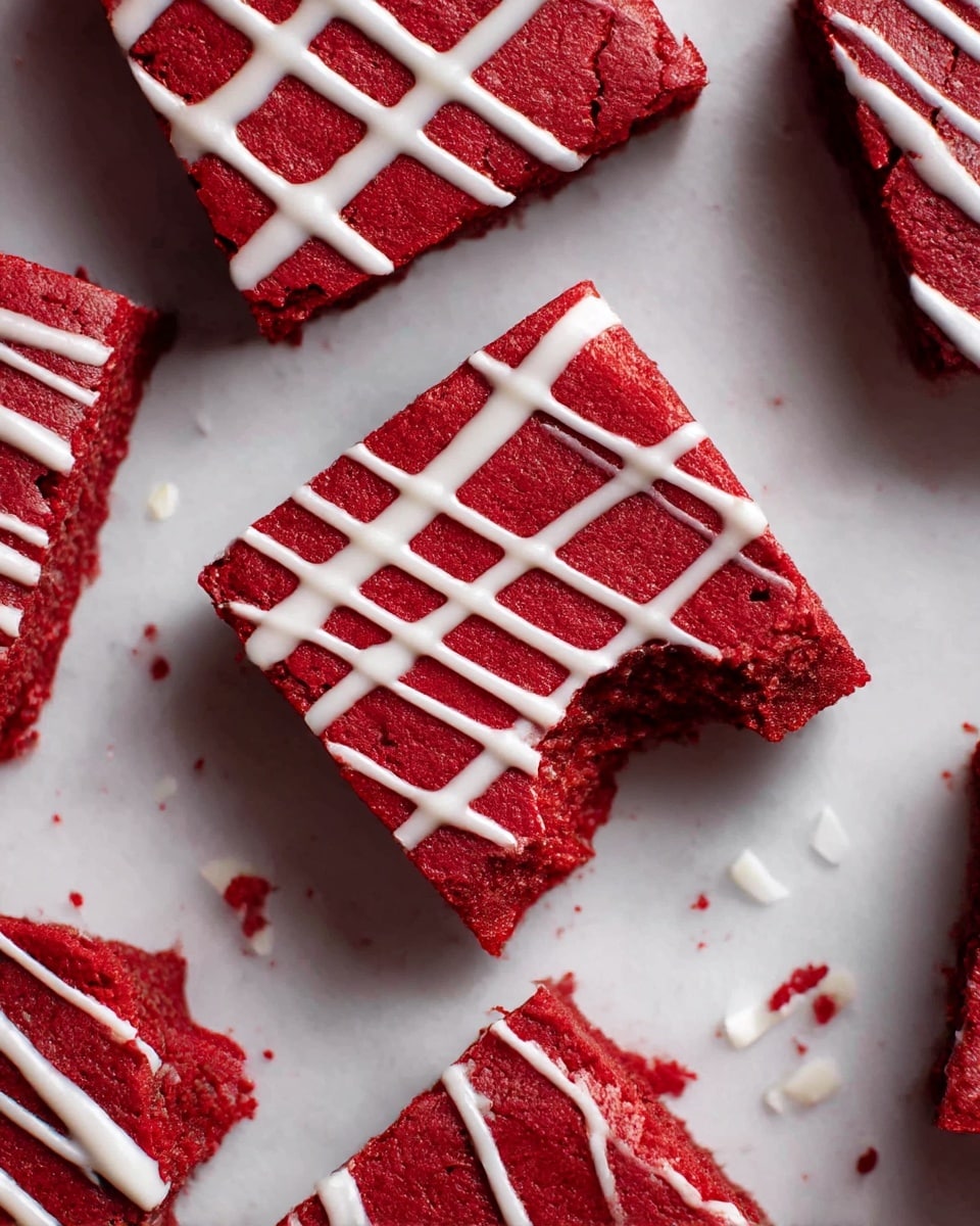 A close-up view of bright red square brownies arranged on a white marbled texture, each with a slightly cracked surface. The brownies have one visible layer of rich, dense red cake topped with thin white icing drizzled diagonally across the top. One brownie in the center has a bite taken out, showing the moist texture inside, while other brownies surround it, some partially visible. Small bits of white icing are scattered around on the white marbled surface. photo taken with an iphone --ar 4:5 --v 7