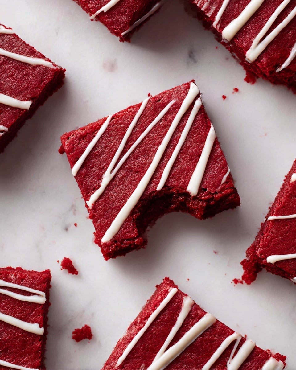 Square pieces of rich red velvet brownie with a smooth, slightly cracked top layer are arranged on a white marbled surface. Each brownie has thin white icing drizzled in straight lines across the top, adding contrast to the deep red color. One brownie near the center has a bite taken out of it, showing the dense, moist texture inside. The brownies are thick with one even layer, and small crumbs are scattered around them. photo taken with an iphone --ar 4:5 --v 7