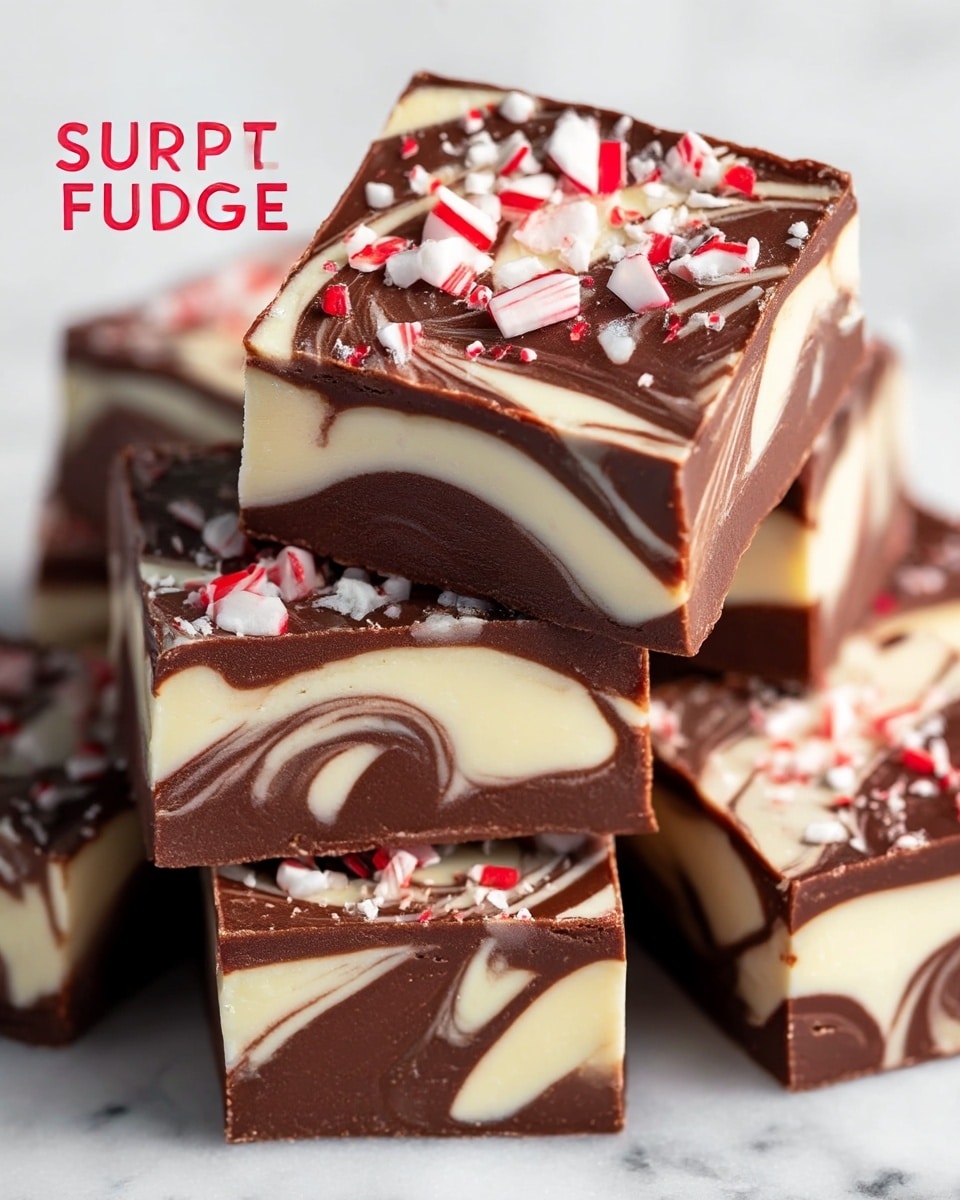 The image shows several square pieces of peppermint swirl fudge stacked closely, each having a smooth, glossy surface with swirled layers of rich dark brown chocolate and creamy white chocolate marbled together. The top of each fudge piece is sprinkled with crunchy white and red peppermint candy bits, adding texture and color contrast. One piece is placed on top of the others at an angle, revealing the thick, creamy layers inside which have the same marbled dark and white chocolate pattern. The fudge rests on a white marbled surface, enhancing the rich colors of the treat. photo taken with an iphone --ar 4:5 --v 7