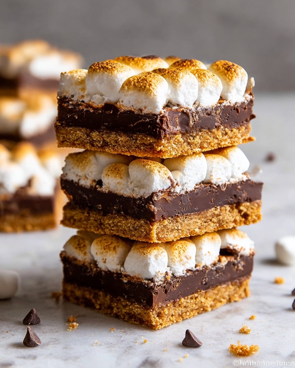 A close-up view of a stack of four square dessert bars placed on a white marbled surface, each bar showing three clear layers; a golden-brown crumbly biscuit base at the bottom, a thick, rich dark chocolate layer in the middle with visible chunks and a smooth texture, and a top layer of golden toasted marshmallows puffed and slightly browned on top, creating a soft, bubbly texture. Small crumbs and a few chocolate chips are scattered around the base on the surface. photo taken with an iphone --ar 4:5 --v 7