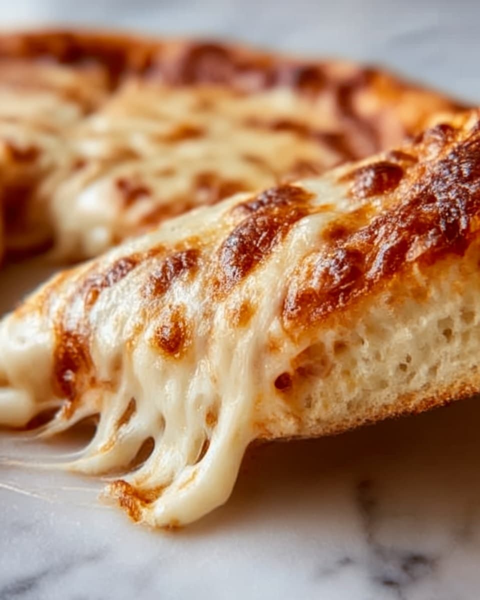 A close-up image of a slice of pizza with two clear layers: the bottom layer is golden-brown dough that looks thick and soft, while the top layer is melted cheese that is creamy white with some parts browned and bubbly. The cheese appears stretchy and gooey, slightly pulling away from the slice. The pizza is on a white marbled surface. photo taken with an iphone --ar 4:5 --v 7