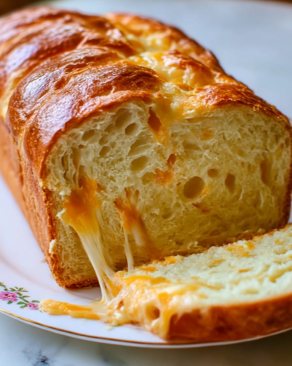 The image shows a close-up of a loaf of bread with four visible layers inside. The outer layer is golden brown and slightly crispy, with a shiny, baked texture. Inside, the first layer is a soft, light yellow dough with small holes. The second layer has melted orange and white cheese strands stretching from the loaf to a cut slice at the bottom. The third layer is the bread again, soft and pale with a smooth texture. The loaf sits on a white plate with small floral patterns, all placed on a white marbled surface. photo taken with an iphone --ar 4:5 --v 7