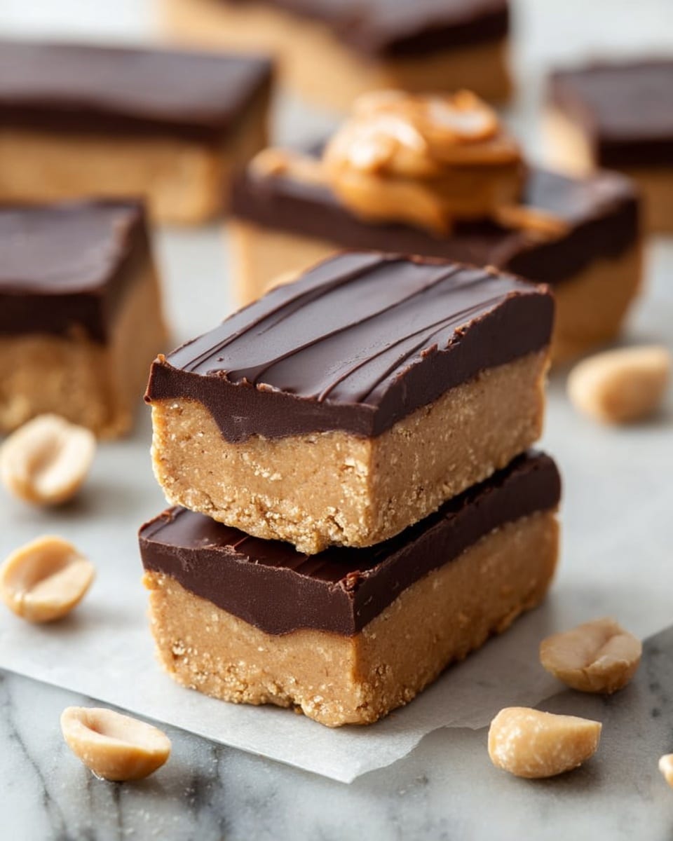 The image shows a stack of three rectangular peanut butter bars with a smooth, shiny dark chocolate layer on top. Each bar has two layers: a thick, crumbly light brown peanut butter base at the bottom and a thin, glossy dark brown chocolate layer on top, with the middle bar showing a thin chocolate separation between two peanut butter layers. The bars are placed on a flat, grey sheet, with several light beige peanuts scattered around them. In the blurry background, more peanut butter bars topped with single peanut halves can be seen. The overall look gives a rich, homemade feel. photo taken with an iphone --ar 4:5 --v 7