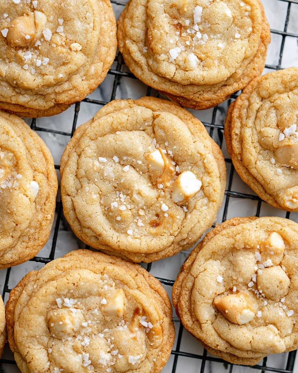 A close-up of several soft, golden-brown cookies arranged on a black cooling rack over a white marbled surface, each cookie showing a slightly uneven round shape with visible chunks of white chocolate and toffee pieces embedded within. The cookies have a slightly cracked surface texture, with a light sprinkling of coarse sea salt flakes scattered on top, adding a touch of sparkle and contrast. The edges of the cookies are more browned, giving them a crispy look, while the centers appear softer and chewier. photo taken with an iphone --ar 4:5 --v 7
