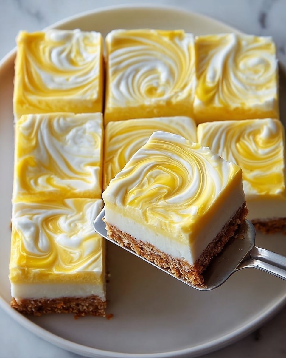 The image shows a square dessert cut into smaller square pieces on a white plate placed on a white marbled surface. The dessert has three layers: the bottom layer is a textured brown crust that looks crunchy, the middle layer is a smooth white cream, and the top layer is a thick creamy mix of white and yellow swirled beautifully in a rose-like pattern with soft, curvy textures. One piece is being lifted with a silver spatula, showing the neat separation of the layers and the creamy swirls on top. Photo taken with an iphone --ar 4:5 --v 7