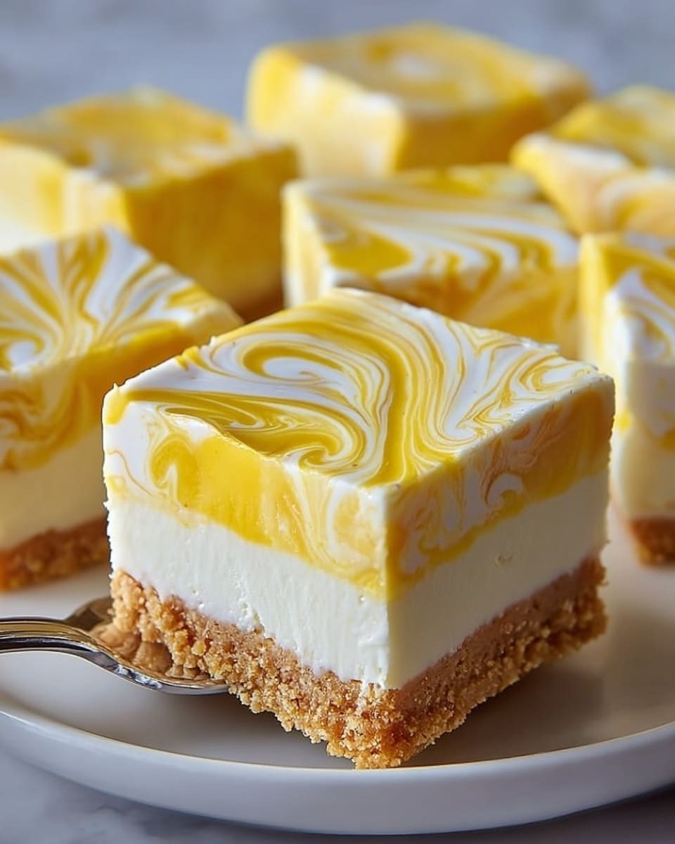 A square dessert piece with three clear layers is shown on a white plate against a white marbled texture. The bottom layer is thick, crumbly, and golden brown, resembling a cookie crust. The middle layer is thin and white, smooth in texture. The top layer is thick and creamy with a swirled pattern of white and bright yellow, creating a marbled effect with soft, flowing lines and peaks. The piece is lifted by a shiny metal fork, capturing its light and soft texture clearly. More similar square pieces with the same layered swirl design fill the background. Photo taken with an iphone --ar 4:5 --v 7