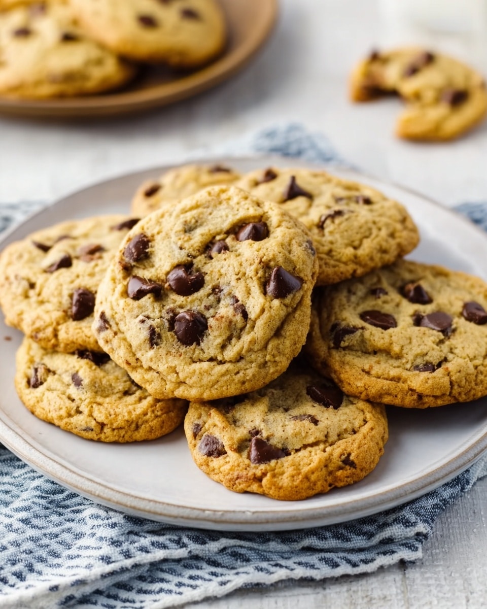 A white plate holds seven thick chocolate chip cookies, stacked and scattered slightly, showing a golden brown texture with visible chocolate chips that are dark and shiny. The cookies look soft and crumbly with a slight rough surface, some chips partially melted. The plate sits on a white marbled texture with a striped cloth underneath and some more cookies blurred in the background. photo taken with an iphone --ar 4:5 --v 7