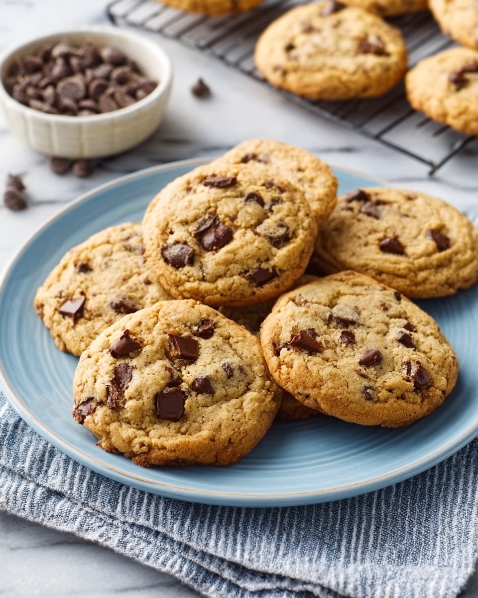 A light blue plate holds seven golden-brown chocolate chip cookies, each cookie showing a slightly rough texture with chocolate chips spread unevenly on top. The cookies appear soft with a few visible cracks and a slightly crisp edge. In the background on a white marbled surface, there is a small white bowl filled with more chocolate chips and a wire cooling rack holding additional cookies. A striped cloth napkin lies under the plate. Photo taken with an iphone --ar 4:5 --v 7