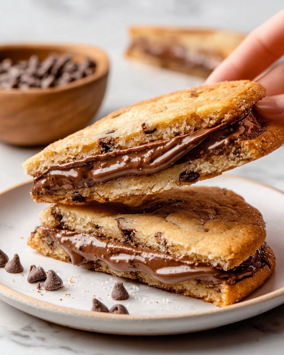 The image shows a close-up of a chocolate chip cookie sandwich with three visible layers. The top layer is a golden-brown cookie that looks soft and slightly crispy around the edges. The middle layer is thick and creamy, made of melted chocolate, dark brown and rich in texture, oozing slightly at the sides. The bottom layer is another cookie, similar in color and texture to the top one. A woman's hand holds the sandwich from the top, lifting it slightly above a white plate with some chocolate chips sprinkled around. The background is a white marbled surface. Photo taken with an iphone --ar 4:5 --v 7