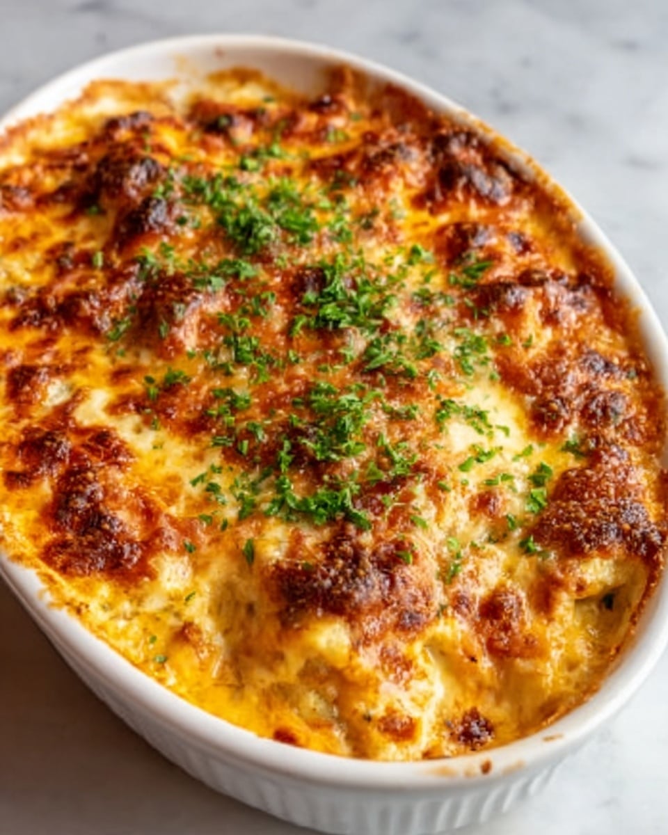 A white oval dish filled with a baked casserole that has a golden-brown, bubbly, and slightly crispy top layer with melted cheese and small browned spots. The top is sprinkled with chopped green herbs, adding a fresh contrast to the warm colors. Beneath the surface, the layers appear creamy with hints of rich, orange sauce and bits of cooked ingredients visible underneath the cheese. The dish rests on a white marbled surface, showing a cozy and hearty meal. Photo taken with an iphone --ar 4:5 --v 7