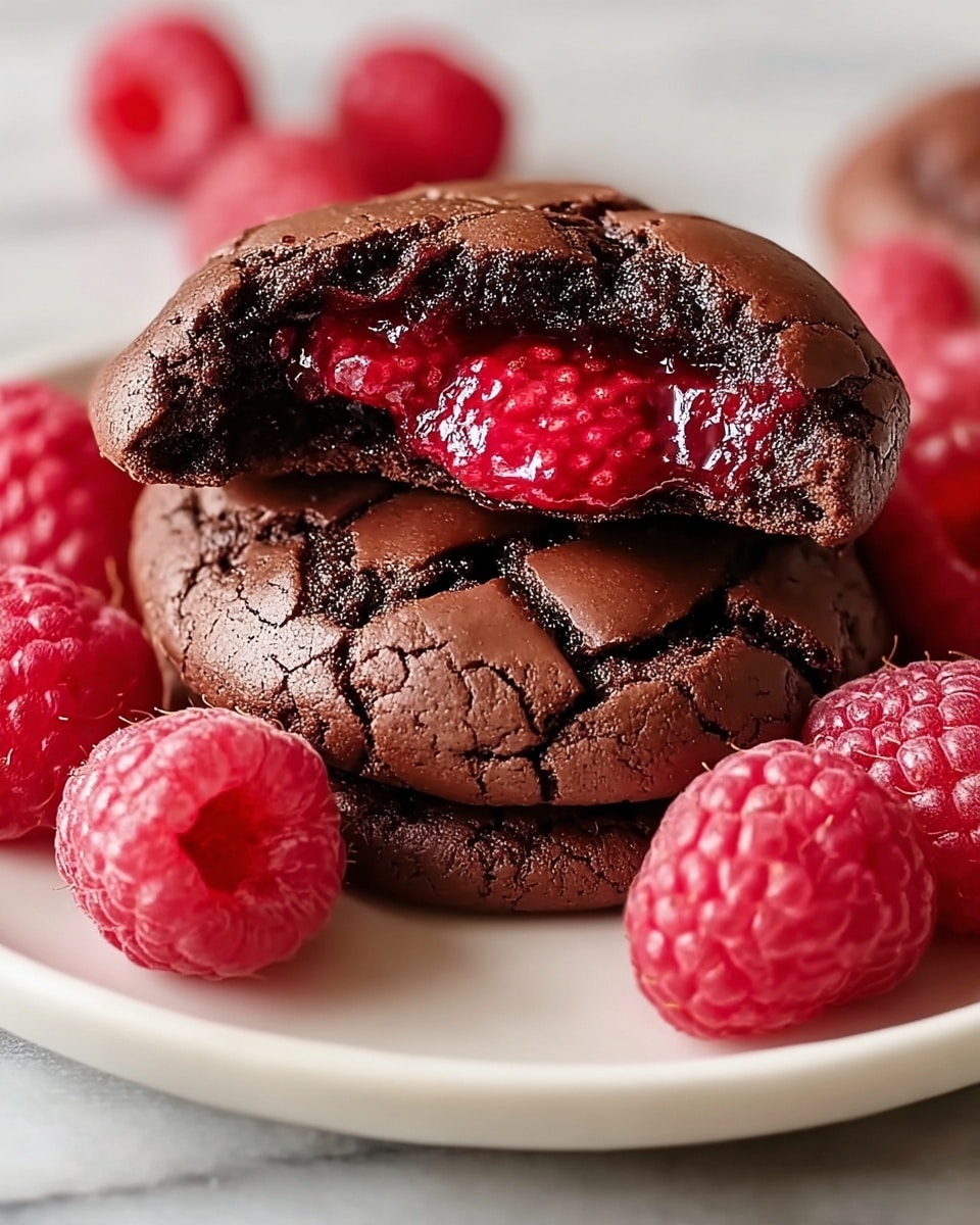 The image shows a close-up of two stacked chocolate cookies on a white plate, each with a cracked, glossy dark brown surface revealing a soft texture. The top cookie is bitten, showing a vibrant red, juicy raspberry filling inside. Around the cookies are whole fresh raspberries with a bright pinkish-red color and textured surface. The plate sits on a white marbled surface, adding a clean and elegant background. photo taken with an iphone --ar 4:5 --v 7