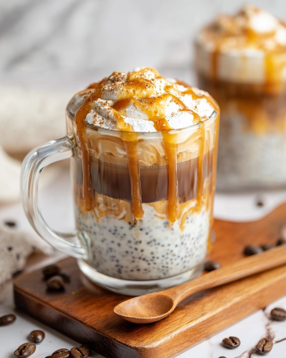 A clear glass mug filled with a three-layered drink sits on a wooden board with coffee beans scattered around. The first layer at the bottom is creamy white with small black chia seeds and streaks of golden caramel syrup mixed throughout. The middle layer is a smooth dark brown coffee that sits clearly on top of the creamy layer. The top layer is a thick white whipped cream, generously drizzled with golden caramel sauce and lightly dusted with fine brown cinnamon powder. A wooden spoon lies next to the mug on the board, and there is another identical drink slightly out of focus in the background. The surface is a white marbled texture. Photo taken with an iphone --ar 4:5 --v 7