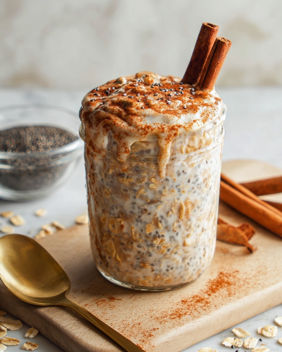 A clear glass jar filled with creamy overnight oats mixed with chia seeds and oats, creating a textured beige and speckled layer. The oats are topped generously with a thick layer of creamy milk spilling slightly over the rim, sprinkled with a dusting of reddish-brown cinnamon powder. Two whole cinnamon sticks are placed upright in the jar on one side. The jar sits on a light wooden board that contrasts with the white marbled background. In the background, a small clear bowl filled with black chia seeds and some cinnamon sticks lie on the surface next to a golden spoon. photo taken with an iphone --ar 4:5 --v 7
