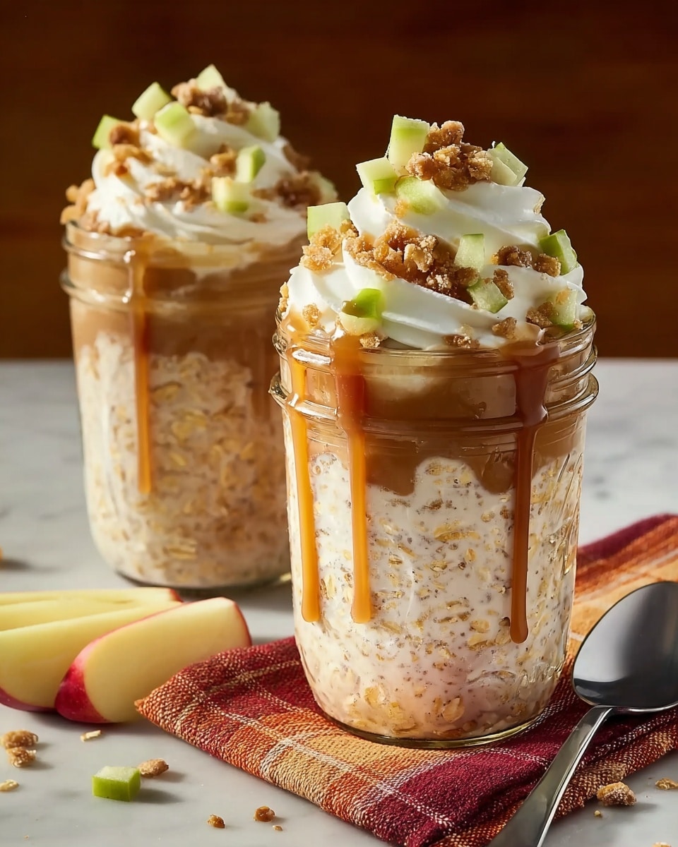 Two clear glass jars filled with three layers: the bottom layer is light-colored oatmeal with visible grains, the middle layer is a creamy, light brown mixture with specks, and the top layer is a swirl of white whipped cream. The whipped cream is decorated with small chunks of green apple, crunchy granola pieces, and a generous drizzle of shiny caramel sauce that drips down the sides of the jars. The jars sit on a white marbled surface with a folded red and orange checkered napkin beneath one jar, with some apple slices and granola scattered around. A metal spoon is placed to the right side of the closest jar. Photo taken with an iphone --ar 4:5 --v 7