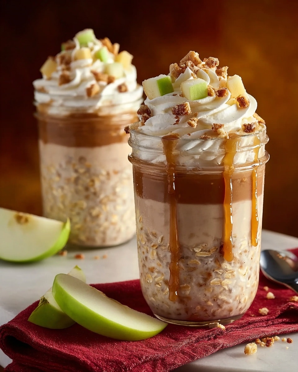 Two clear glass jars filled with layered oatmeal are shown on a white marbled surface. At the bottom of each jar, there is a thick layer of creamy oatmeal mixed with visible pieces of oats. Above this, a smooth light brown layer that appears to be spiced or flavored oatmeal fills most of the jar. Each jar is topped with a generous swirl of white whipped cream. Small apple cubes and crunchy granola bits are sprinkled on top of the whipped cream. Rich caramel sauce is drizzled on the whipped cream and over the sides of the jars, dripping down the glass. One jar sits in the front on a red cloth with a spoon to the side, and half slices of green apple are nearby. The background is softly blurred with warm tones. Photo taken with an iphone --ar 4:5 --v 7