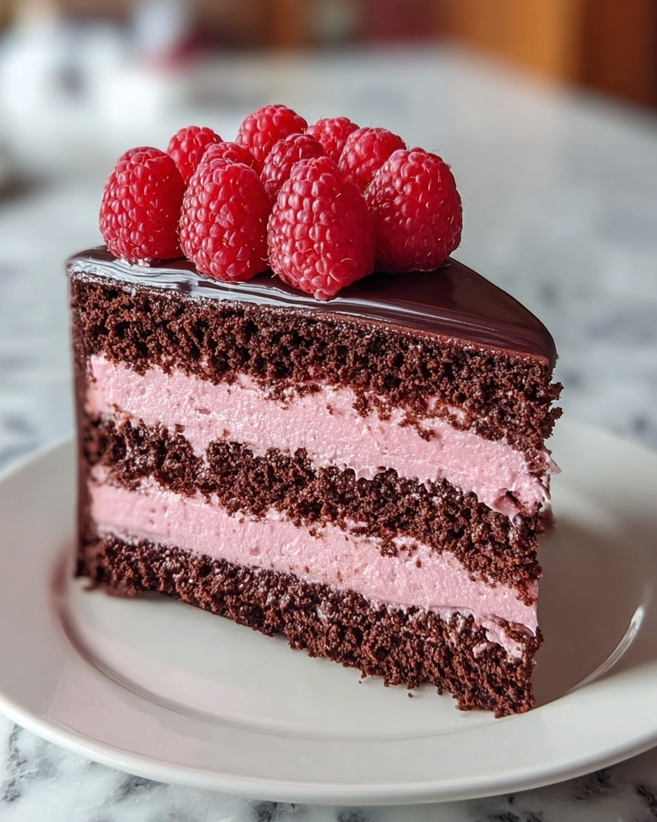 A slice of cake on a white plate with a white marbled texture surface beneath it. The cake has five layers: from bottom to top, three dark brown chocolate sponge layers alternate with two thick pink creamy layers. The top is covered with a smooth, shiny dark chocolate glaze. On top of the chocolate glaze, there are nine bright red raspberries arranged closely together. The image focuses on the side view of the cake showing clear and even layers. photo taken with an iphone --ar 4:5 --v 7