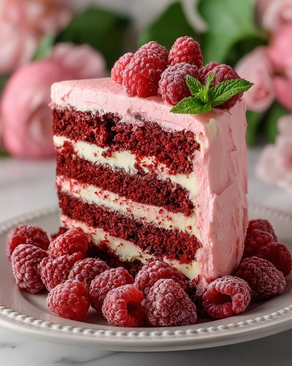 A three-layer red velvet cake slice with deep red, moist cake layers separated by smooth white cream cheese frosting. The outside is covered with a thick, light pink frosting that looks soft and creamy. On top of the cake are fresh and frosted red raspberries, with a small mint leaf for garnish. More raspberries are scattered around the base on a white plate, all placed on a white marbled surface with blurred pink flowers in the background. photo taken with an iphone --ar 4:5 --v 7
