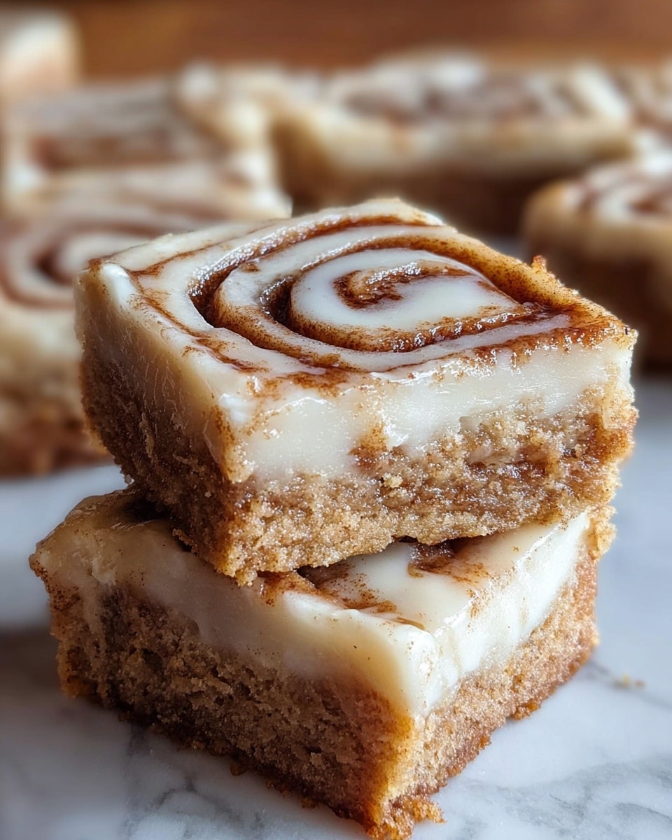 The image shows two square cinnamon roll bars stacked on top of each other on a wooden surface. Each bar has three visible layers: a bottom light brown crust with a crumbly texture, a middle white creamy layer with swirls of cinnamon brown, and a top layer of white glaze with cinnamon brown spiral patterns. The bars have a moist, slightly glossy appearance and the background shows more of the same bars blurred on the white marbled texture. photo taken with an iphone --ar 4:5 --v 7