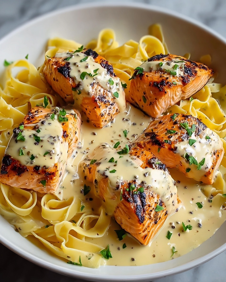 The dish shows six pieces of grilled salmon placed on a bed of creamy fettuccine pasta in a white plate. Each salmon piece has a golden, slightly charred surface with visible grill marks and is topped with a thick, pale yellow cream sauce speckled with black pepper and garnished with small green parsley leaves. The creamy sauce also lightly coats the pasta underneath, which is pale yellow with a smooth texture and broad, flat noodles curling around the salmon pieces. The whole plate sits on a white marbled surface, giving the presentation a clean and elegant look. Photo taken with an iphone --ar 4:5 --v 7