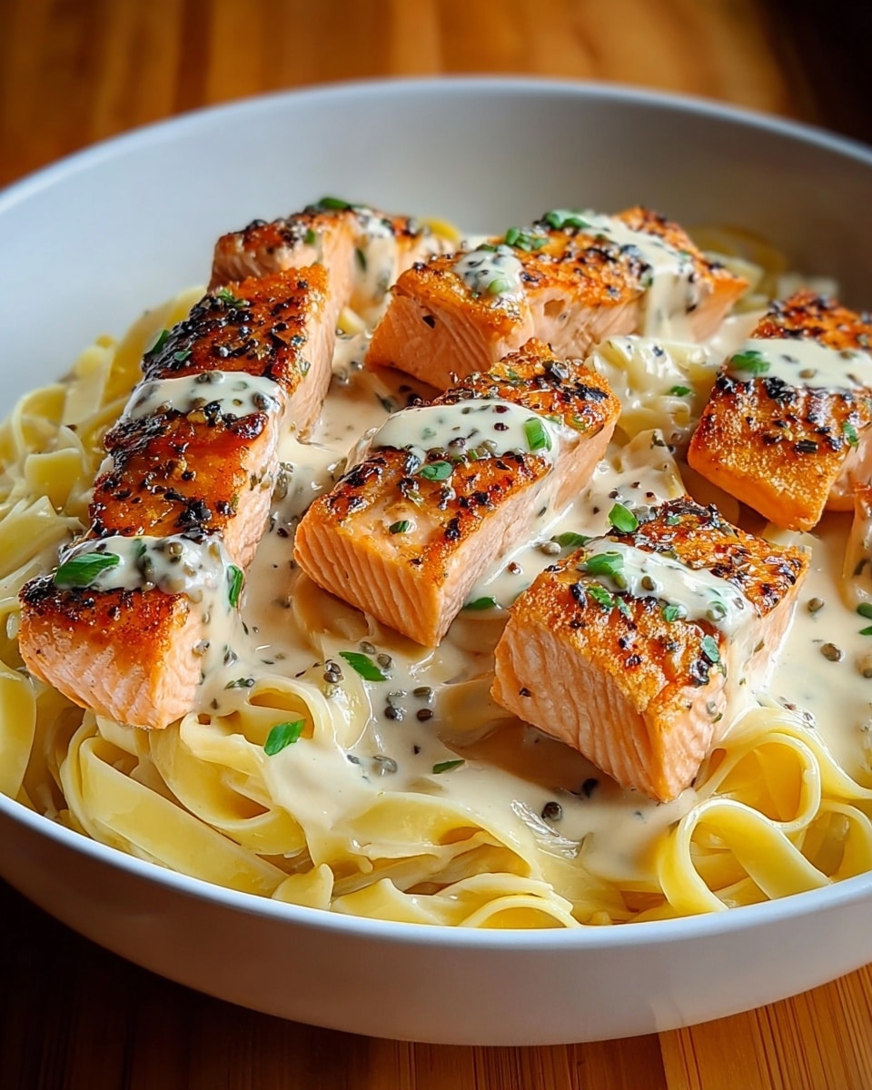 A white shallow bowl holds a base layer of light cream-colored fettuccine pasta with a smooth, slightly glossy texture. On top are six thick pieces of seared salmon, each with a golden-brown charred crust around the edges and visible light pink salmon flesh with natural white lines. Creamy white sauce with sprinkled black pepper and fresh green herb bits is drizzled evenly over each salmon piece, adding a rich and glossy contrast. The dish is placed on a wooden surface with warm tones. photo taken with an iphone --ar 4:5 --v 7
