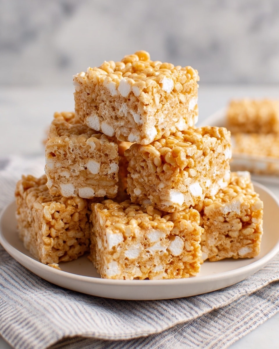 A stack of six golden brown crispy rice treats with visible white marshmallow bits, cut into square shapes and piled on a white plate. The top treat is slightly lifted, showing the textured layers of puffed rice and melted marshmallows inside. The plate rests on a light cloth with thin gray stripes set on a white marbled surface. In the blurred background, there is a small bowl. The focus is on the detailed, sticky, and crunchy texture of the treats. Photo taken with an iphone --ar 4:5 --v 7