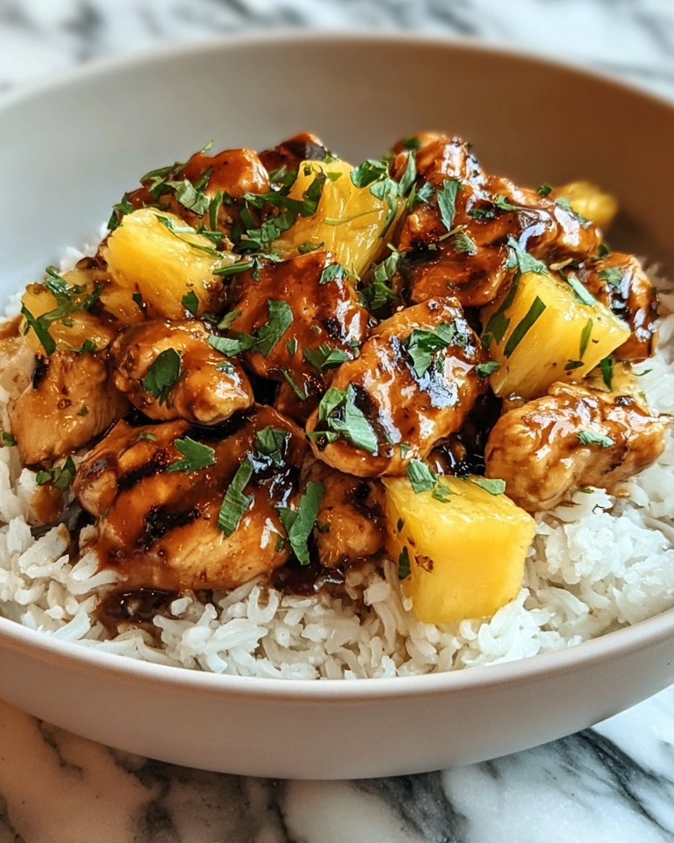 The image shows a bowl of white rice topped with several chunks of grilled chicken coated in a glossy, dark brown sauce. Mixed in with the chicken are bright yellow pineapple pieces, adding contrast. The dish is garnished with fresh green herbs scattered on top. The bowl is white and sits on a white marbled surface. photo taken with an iphone --ar 4:5 --v 7
