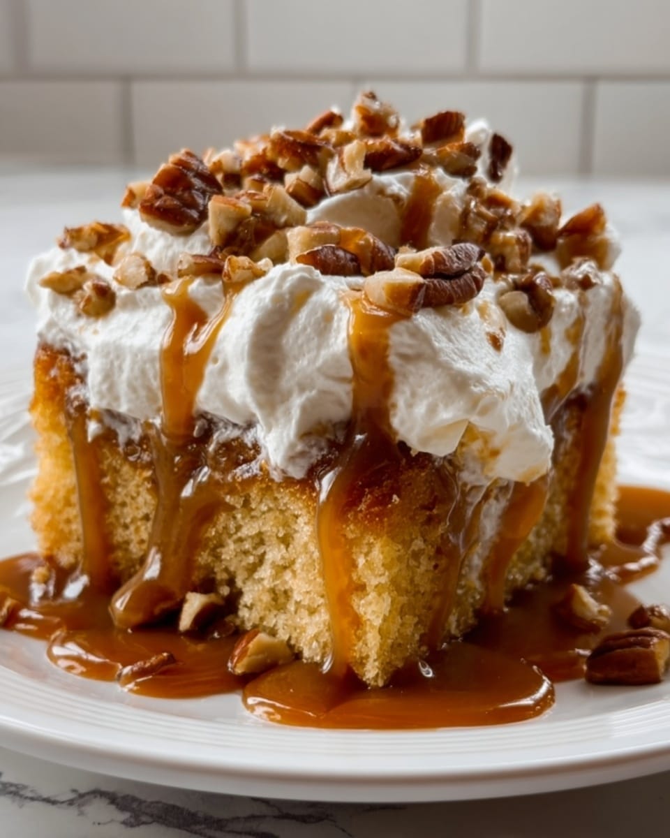 A square slice of a layered dessert sits on a white plate with a vintage gold pattern, placed on a rustic brown cloth. The dessert has five visible layers: a crumbly brown base, a thick white creamy middle, a thin crumb layer, a smooth golden yellow pudding layer, and a thick caramel sauce dripping over the edges. On top, there is a generous swirl of white whipped cream sprinkled with brown crumbles and drizzled with caramel sauce. In the background, autumnal orange pumpkins and orange flowers create a warm fall setting on a white marbled surface. Photo taken with an iphone --ar 4:5 --v 7