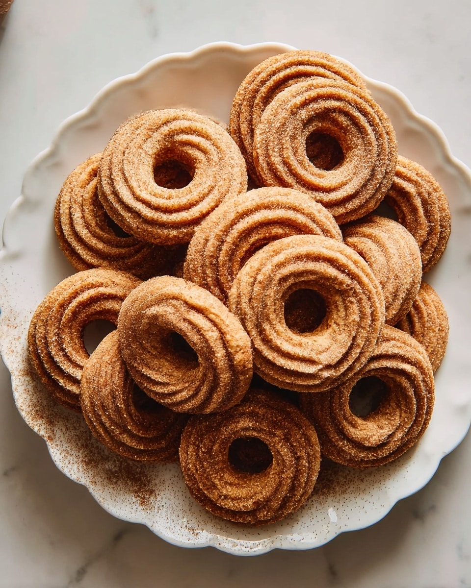A white scalloped-edged plate sits on a white marbled surface, filled with a neat pile of round, ridged cookies. Each cookie is a light brown color, with a circular hole in the center and textured ridges around the edges, creating a swirled pattern. Some powder, likely cinnamon or sugar, is lightly dusted on the cookies and plate, adding a soft, warm finish. The cookies overlap slightly, forming a casual but inviting arrangement. Photo taken with an iphone --ar 4:5 --v 7