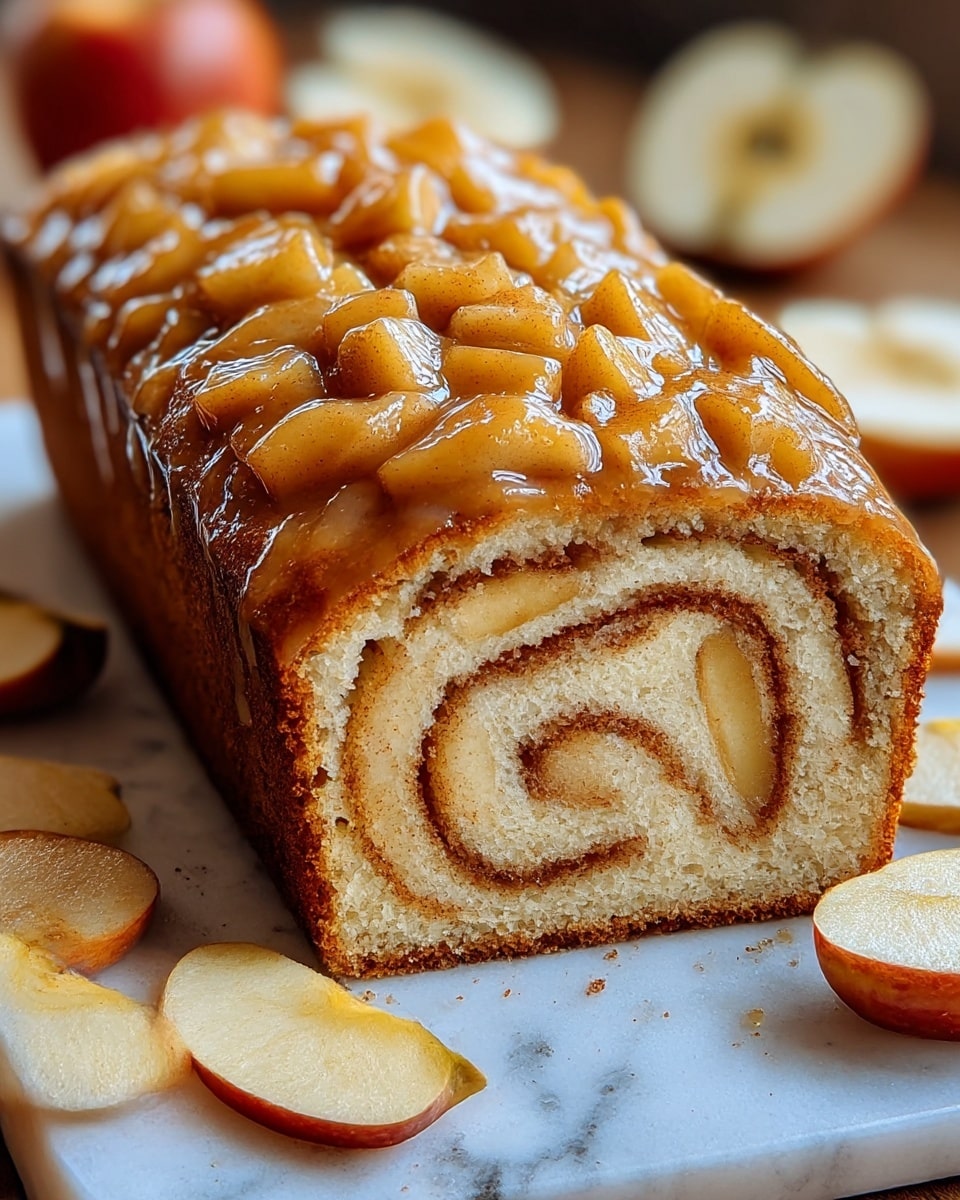 A loaf cake with a golden brown crust topped with a shiny layer of glazed apple pieces coated in cinnamon spices is shown on a white marbled surface. The cake is sliced to reveal its inside, displaying a soft, light beige texture with swirled cinnamon layers creating a spiral pattern. The apple topping is chunky and glossy, sitting thickly on the top of the loaf. In the background, soft-focus apple halves and thin apple slices are scattered, adding a fresh touch to the scene. photo taken with an iphone --ar 4:5 --v 7