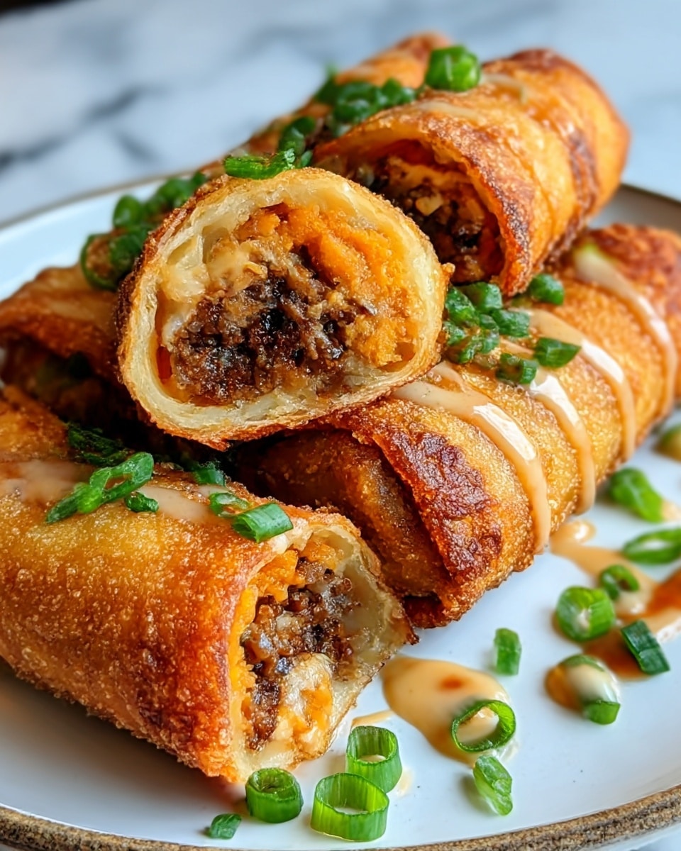 The image shows four crispy golden-brown egg rolls placed on a white plate with some sauce drizzled over the top. The egg rolls are cut open to reveal their filling, which has a mix of orange sweet potato and dark brown ground meat. The surface of the egg rolls is crunchy with a slightly oily texture. Bright green chopped scallions are scattered over the egg rolls and plate adding a fresh contrast. The background is a white marbled texture. photo taken with an iphone --ar 4:5 --v 7