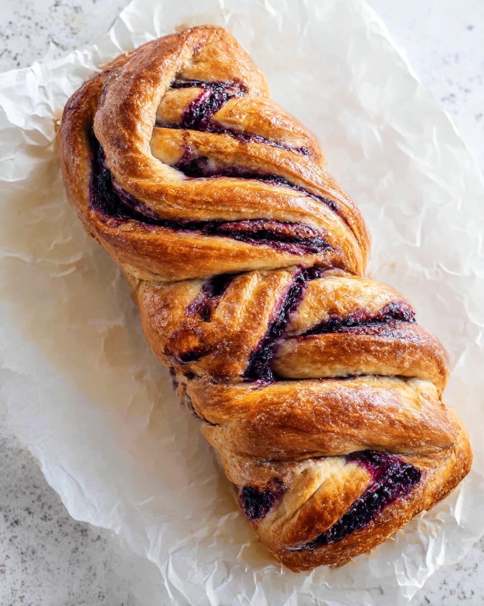 A golden brown braided pastry loaf with multiple twisted layers clearly showing swirls of dark purple blueberry filling that peek through the glossy baked dough, sitting on crumpled white parchment paper on top of a white marbled texture surface; the texture of the dough looks soft with slightly crispy edges and the blueberry filling adds a rich contrasting color throughout the intertwined layers photo taken with an iphone --ar 4:5 --v 7