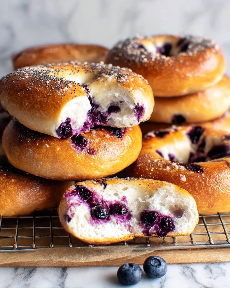 A close-up view of several golden brown blueberry bagels stacked together on a metal rack over parchment paper and light wood. The bagels have a glossy surface sprinkled with coarse salt and poppy seeds. One bagel is cut in half, showing a soft, white inside filled with dark purple blueberries that are both whole and slightly burst, giving a moist, juicy texture inside. A couple of fresh blueberries lie on the surface near the bagels. The background is a white marbled texture. photo taken with an iphone --ar 4:5 --v 7