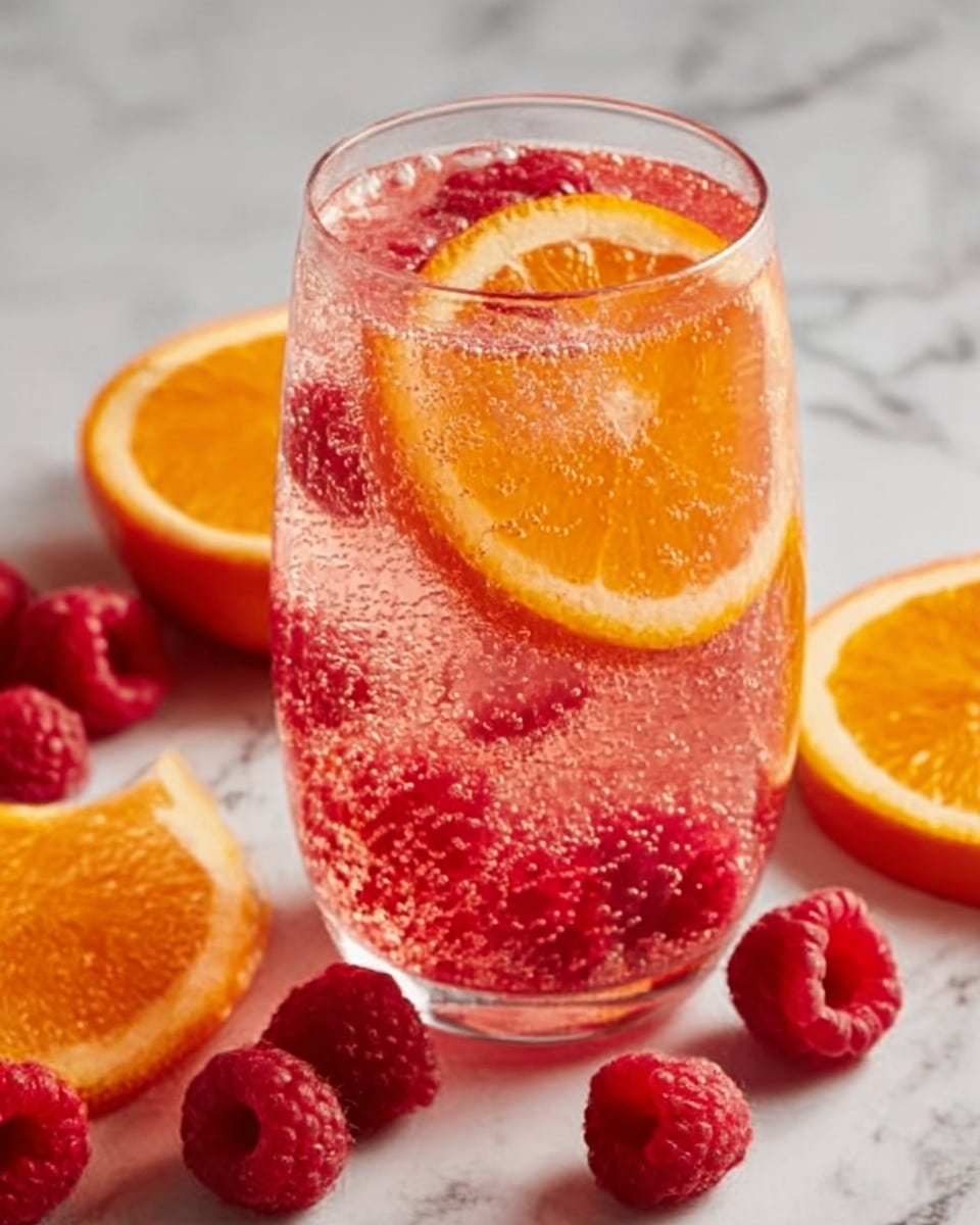 The image shows a clear glass filled with a sparkling pink drink layered with bright red raspberries and a thick slice of orange placed inside. Bubbles rise through the liquid, creating a fresh and fizzy look. Around the glass, some fresh raspberries and orange slices rest on a white marbled surface. The colors of the drink stand out with the red raspberries and orange slice against the light pink fizzy liquid, giving a refreshing feel. Photo taken with an iphone --ar 4:5 --v 7