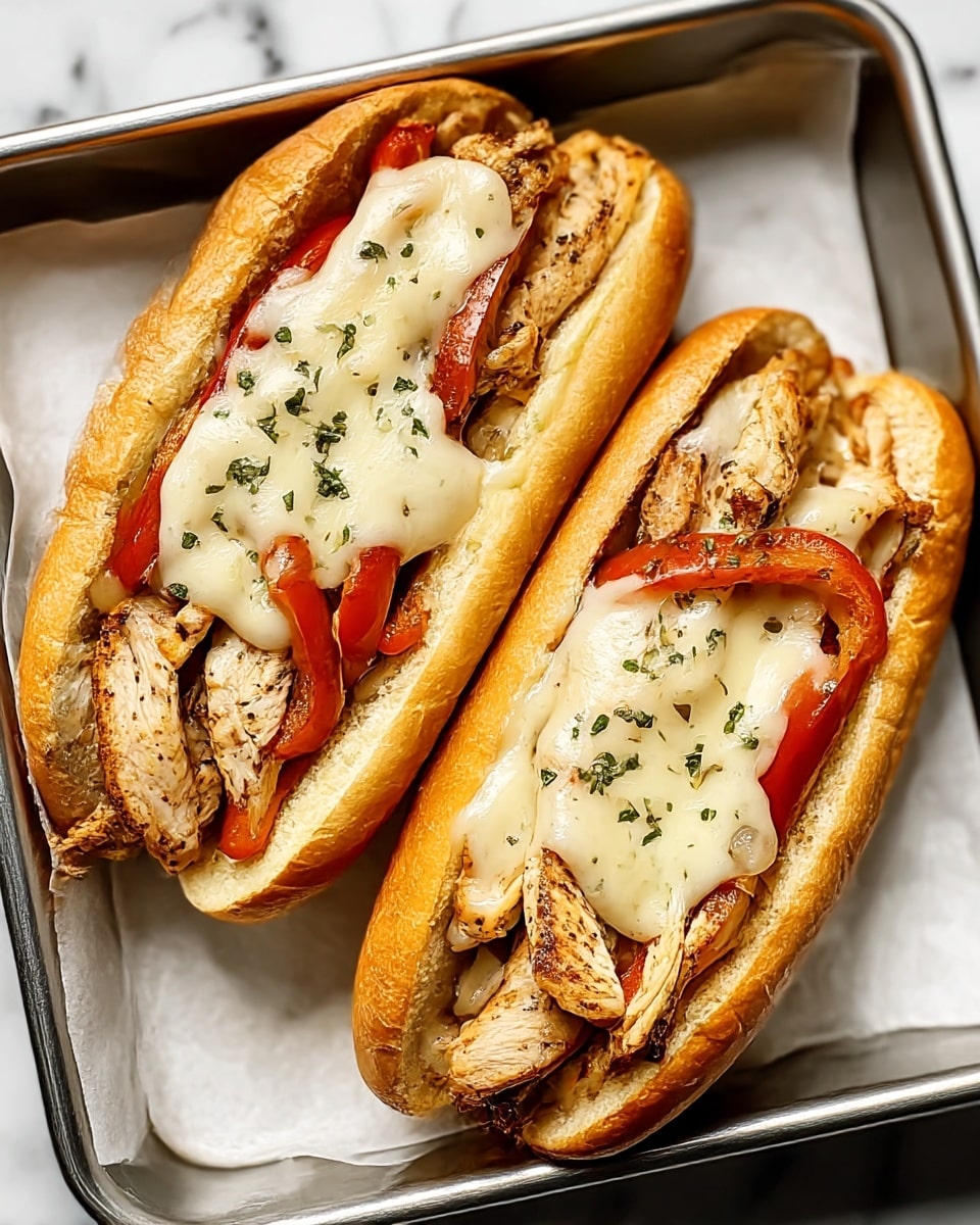 Two chicken sandwiches sit side by side in a metal tray lined with white parchment paper on a white marbled surface. Each sandwich has a soft golden brown hoagie roll split open to hold three distinct layers: the first layer is juicy grilled chicken strips with a light char, the second layer is red bell pepper slices, and the top layer is melted white cheese with some small green herb pieces scattered on top. The cheese looks smooth and slightly gooey, partially covering the chicken and peppers. Photo taken with an iphone --ar 4:5 --v 7