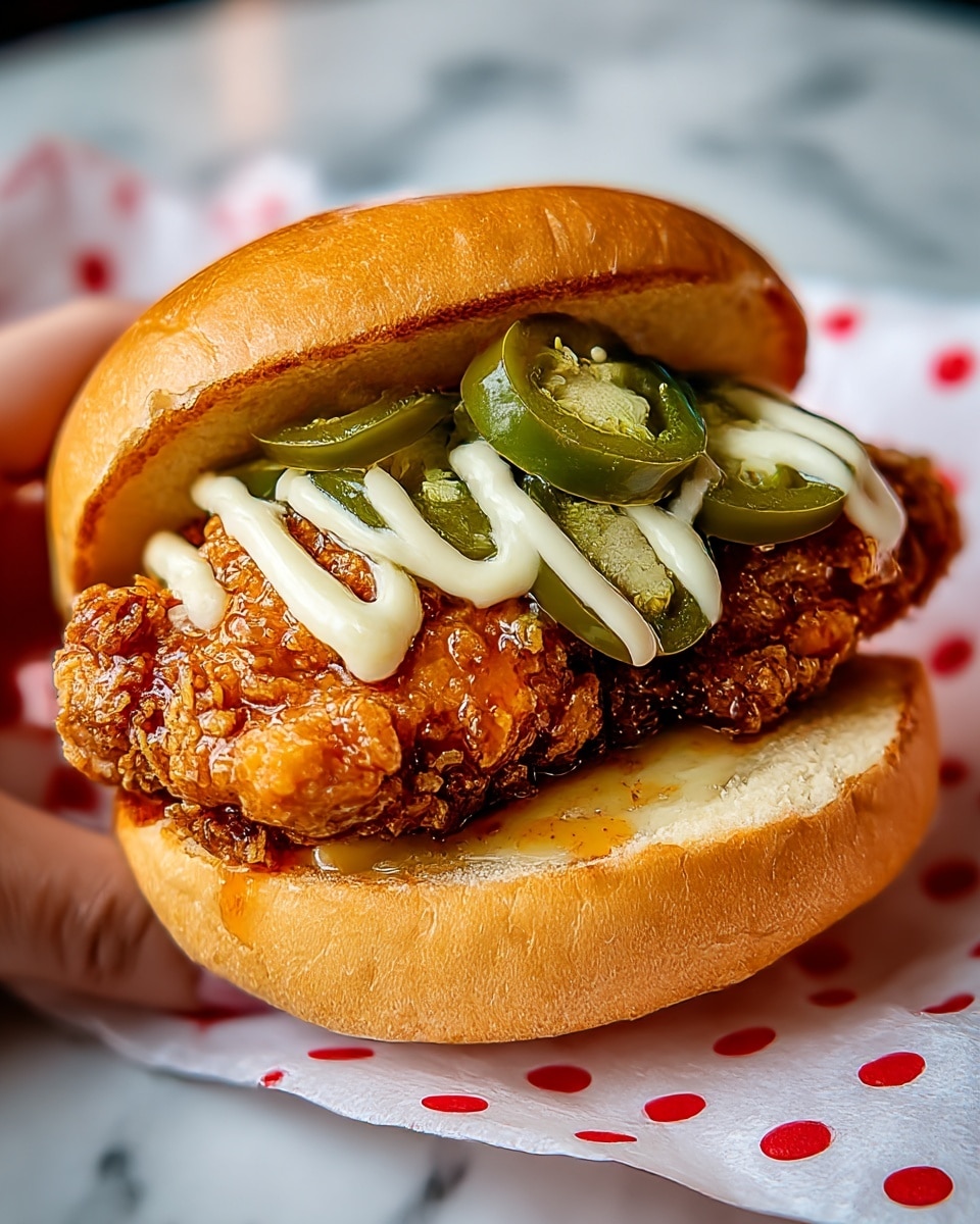 A sandwich with three main layers visible: at the bottom, a soft, light brown toasted bun. On top of that, a thick layer of golden, crispy fried chicken with a crunchy texture and a shiny coating of sauce. Above the chicken, several green jalapeño slices with visible seeds, adding fresh color. On top of everything, a zigzag of creamy white mayonnaise. The sandwich is held by a woman's hand with a blurred background, sitting on white paper with red dots, against a white marbled surface. Photo taken with an iphone --ar 4:5 --v 7